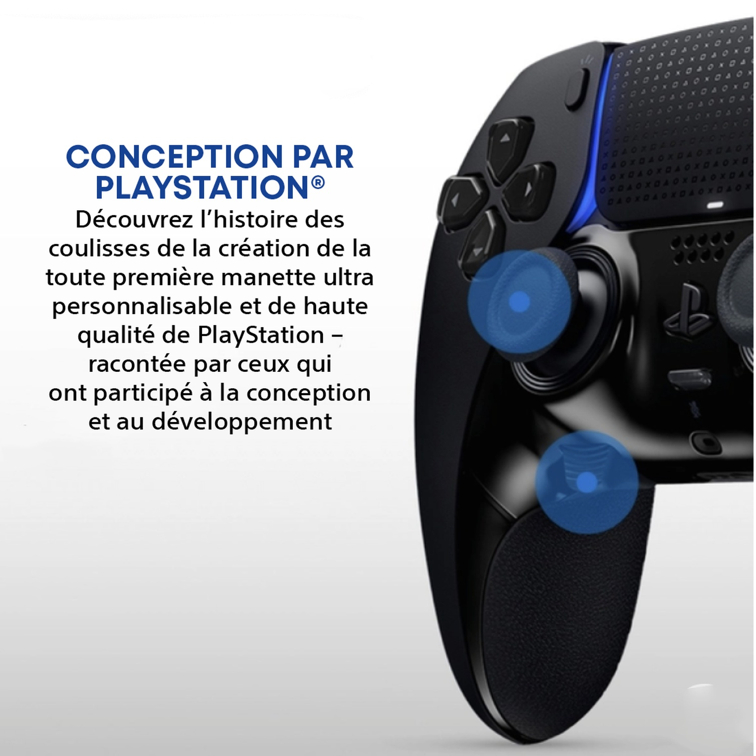 A black PlayStation controller with blue highlights. The text 'CONCEPTION PAR PLAYSTATION' is visible. The image has a white background.