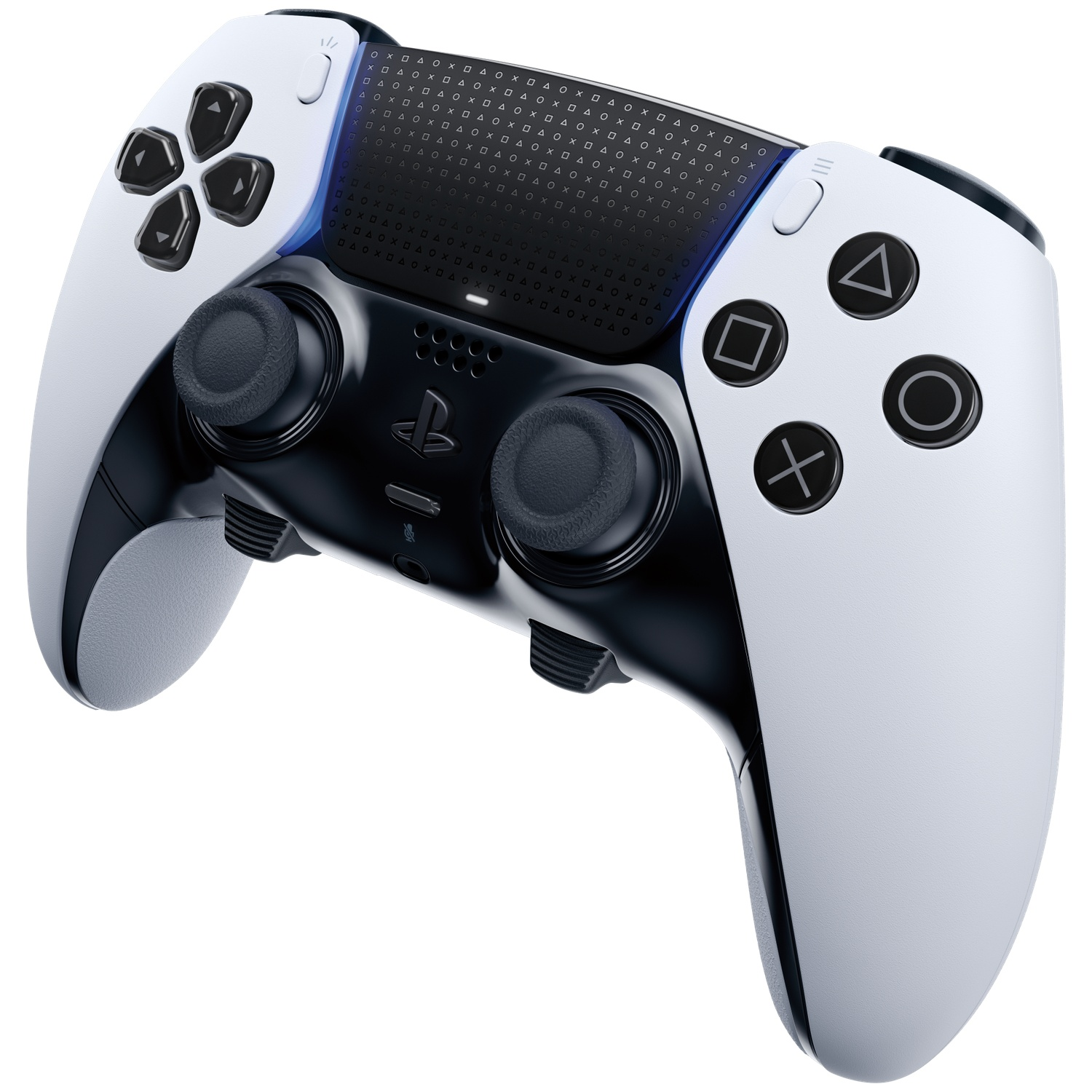 A white and black game controller with buttons, joysticks, and a touchpad, isolated on white.