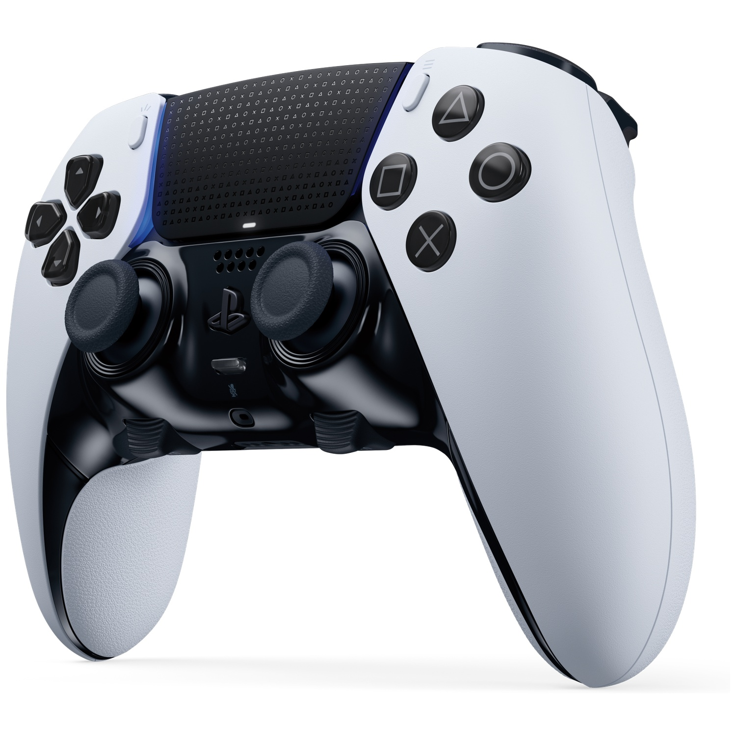 A white and black game controller with black buttons and thumbsticks. PlayStation logo is visible. It is on a white background.