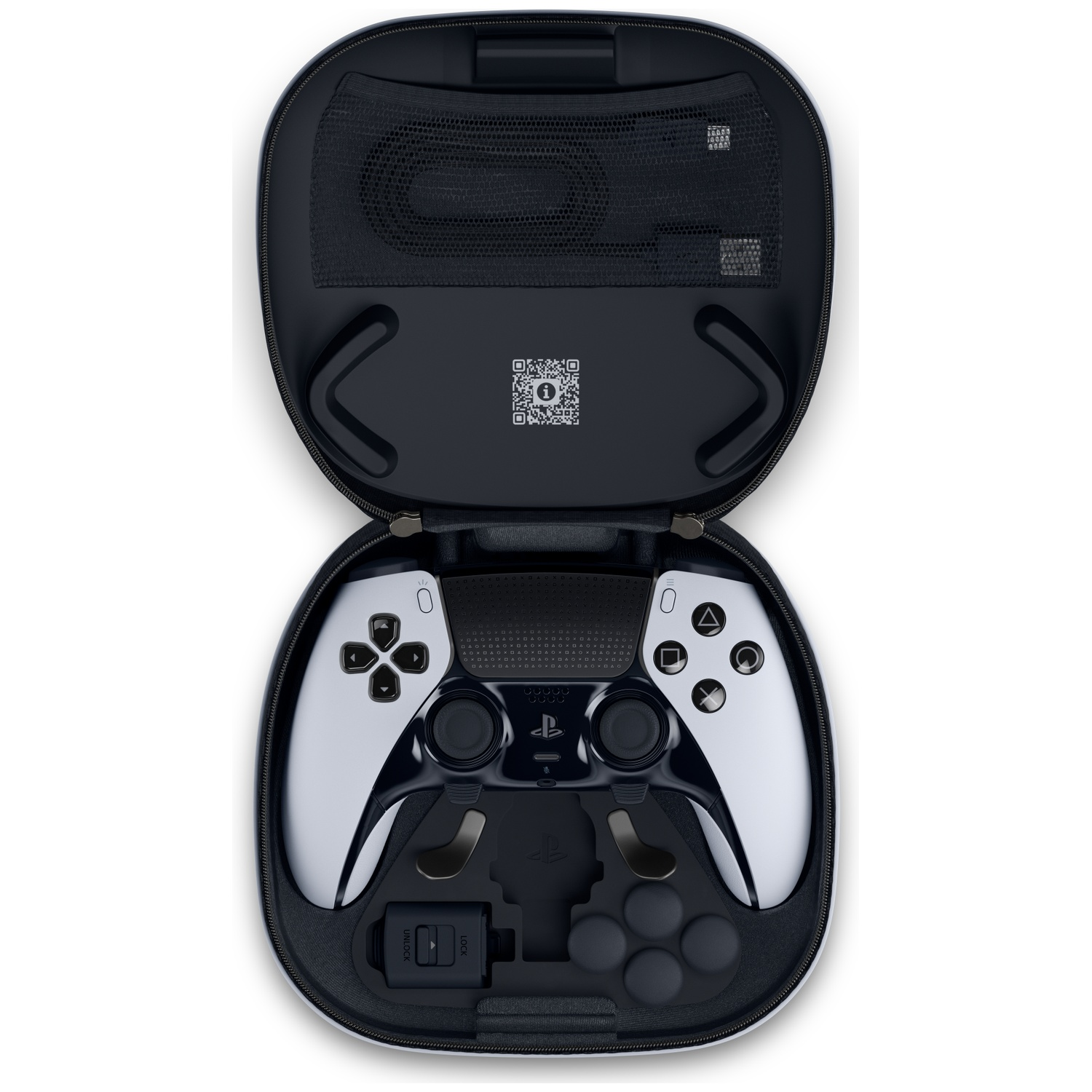 Open case with a white and black game controller, spare parts, and a mesh pocket, on a white background.