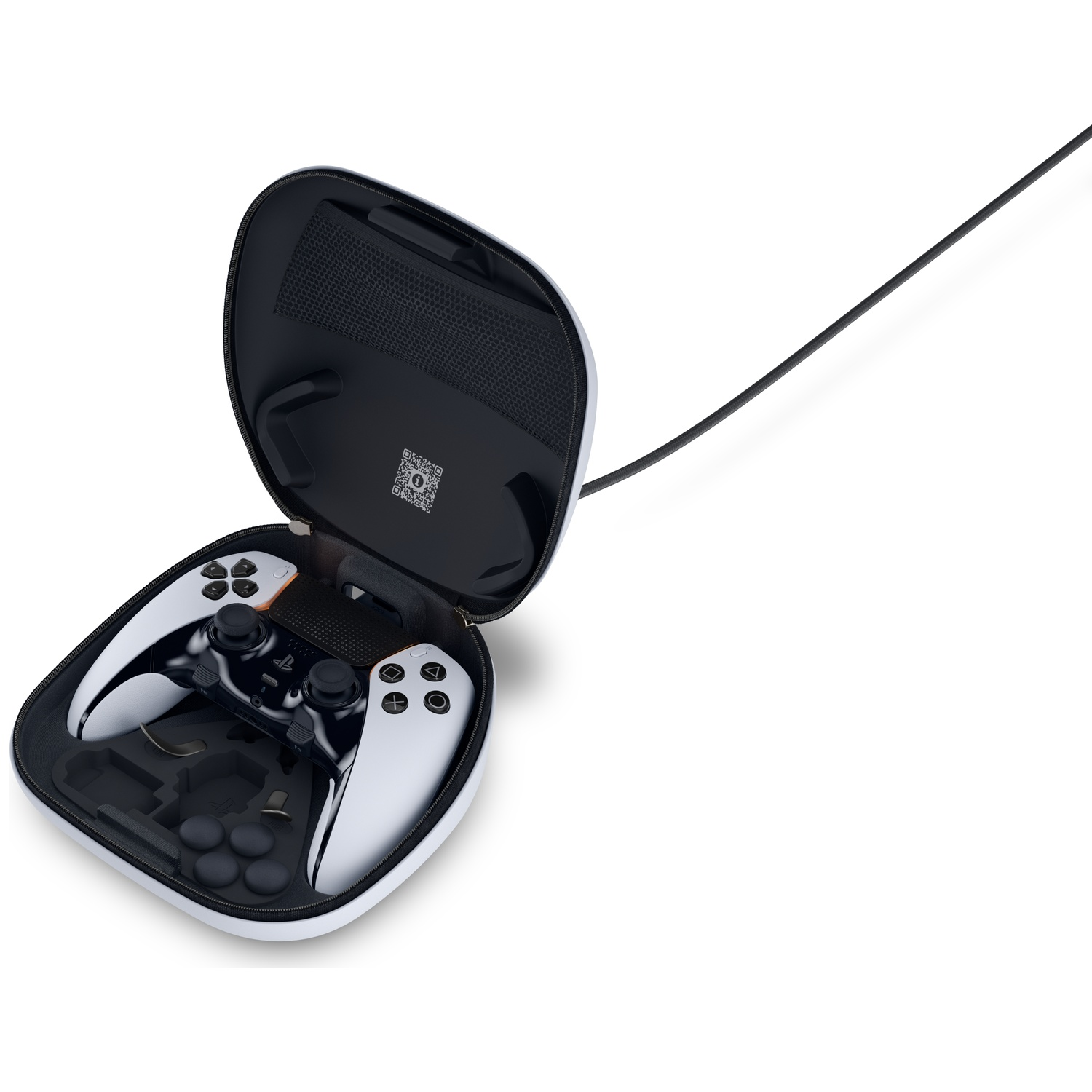 Open case with PlayStation controller inside. Black case, white controller, black cable extending. White background.