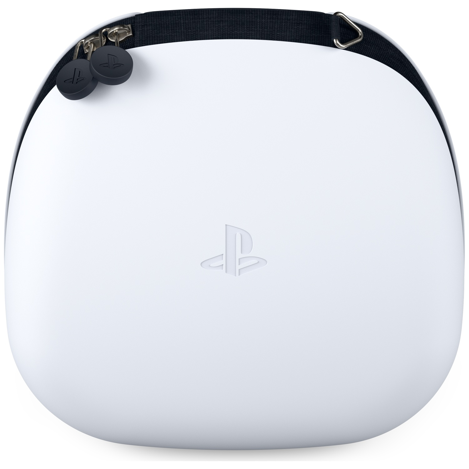 White PlayStation carrying case with black zipper and handle. Features the PlayStation logo and two black zipper pulls.