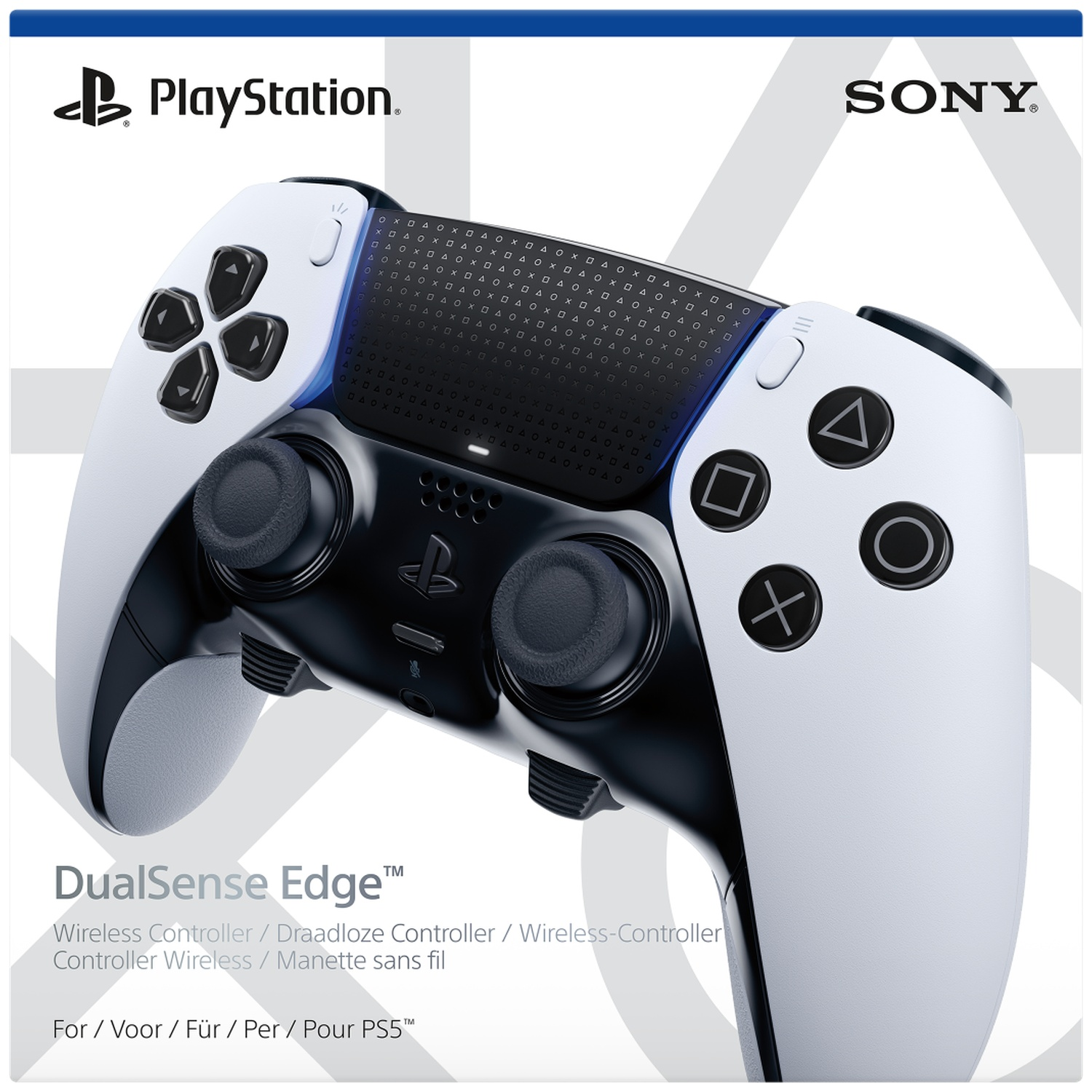A white and black DualSense Edge wireless controller for PS5. The PlayStation and Sony logos are also present.
