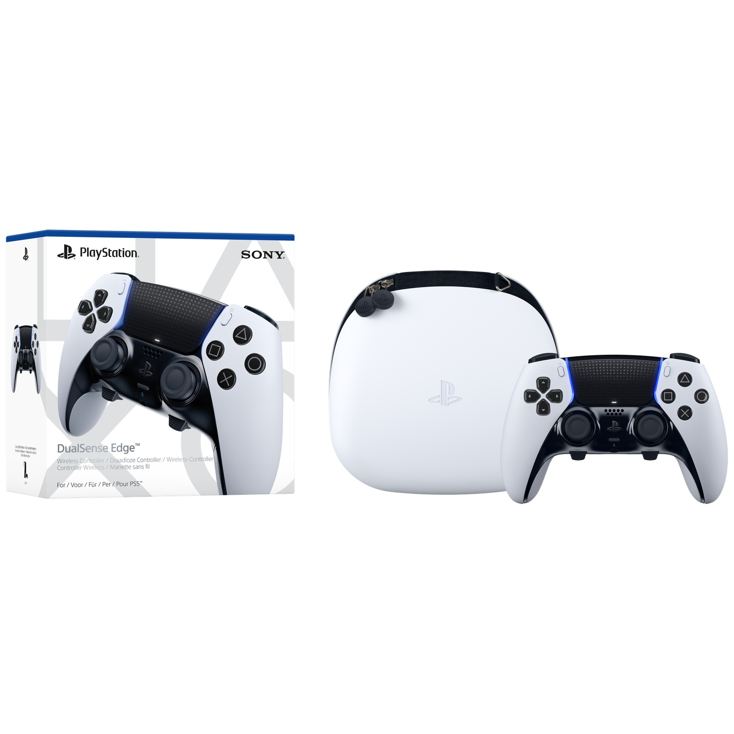 A white DualSense Edge controller, a case, and box. The controller has black and white accents. The box says 'PlayStation' and 'SONY'.