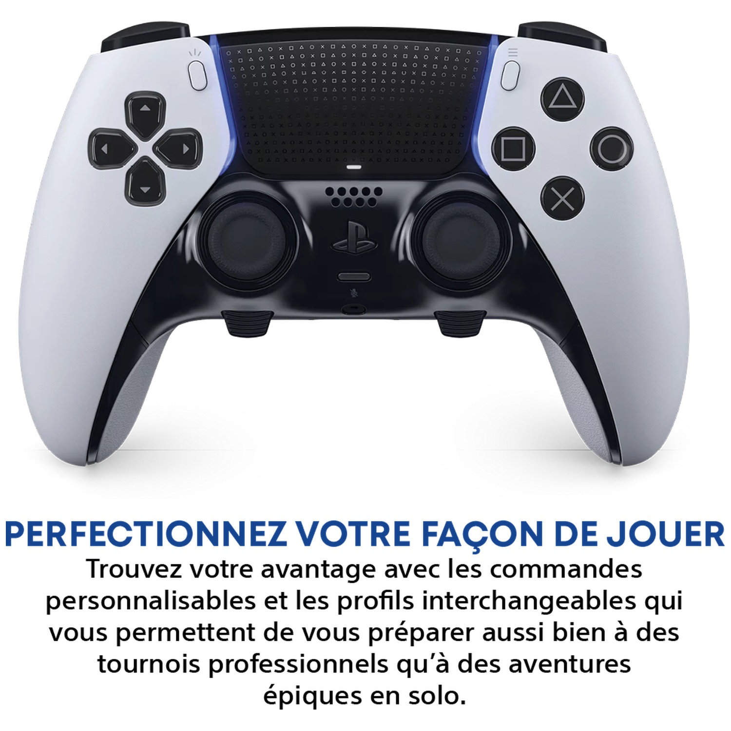 A white and black game controller with buttons, joysticks, and a central PlayStation logo, against a white backdrop.