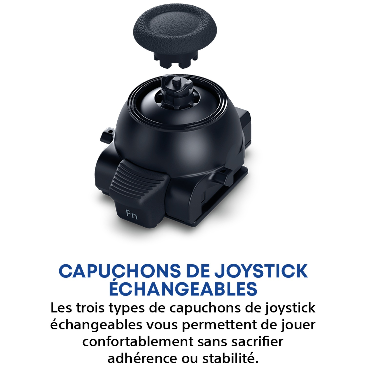 Black joystick components. A top cap and the base are shown detached. Text in French below describes the product's features.