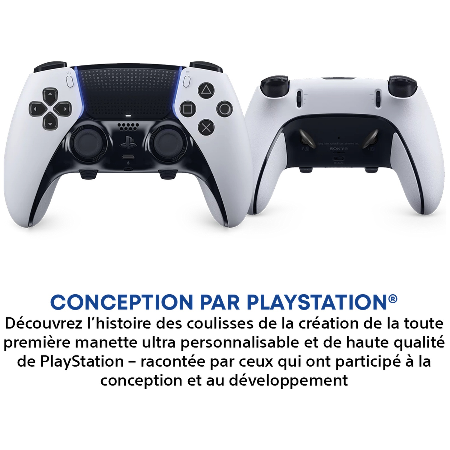 Two white and black PlayStation controllers. One shows buttons, the other shows the back. Below is text about PlayStation design.