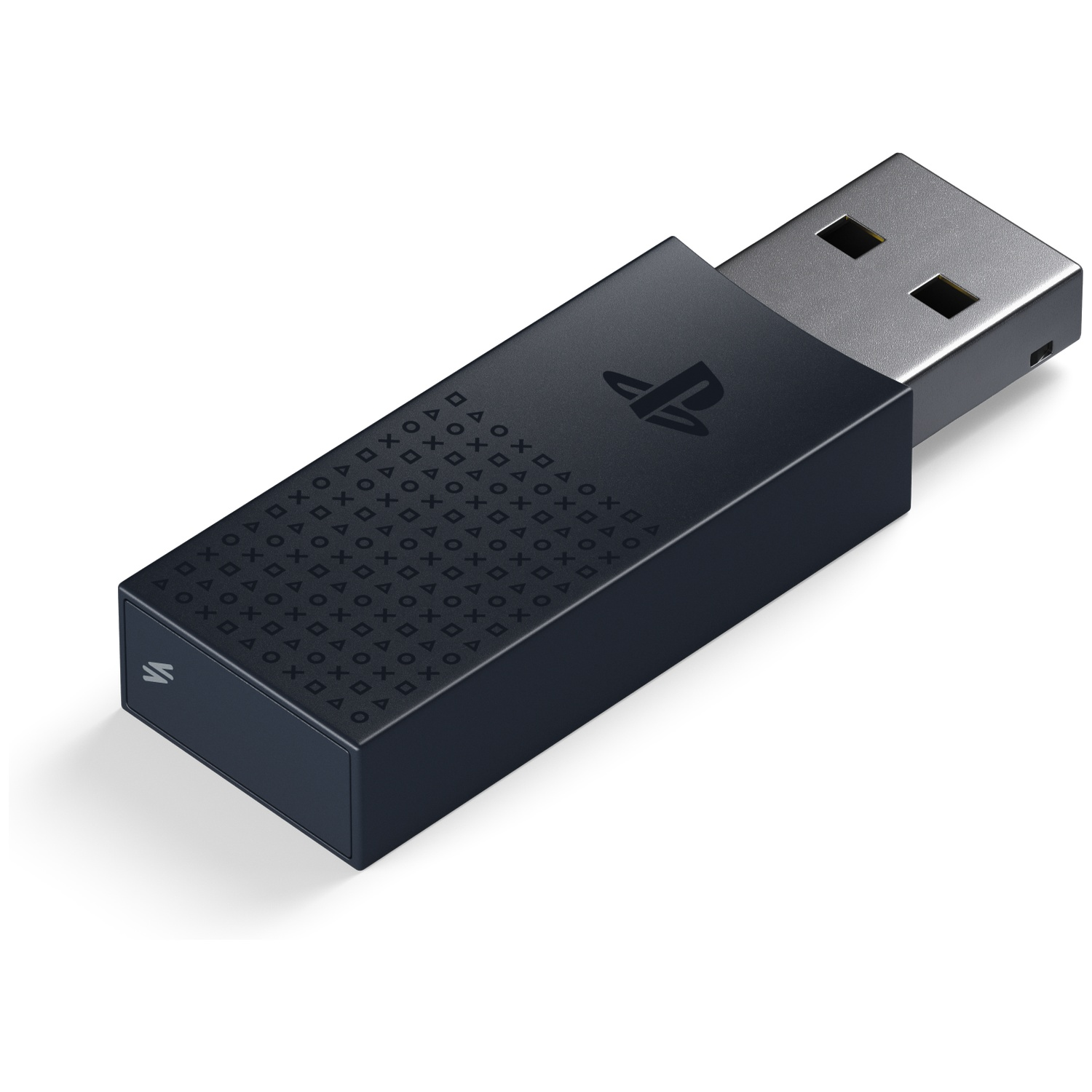 A dark blue USB dongle with PlayStation symbols. The USB connector is silver. It is on a white background, with a shadow.