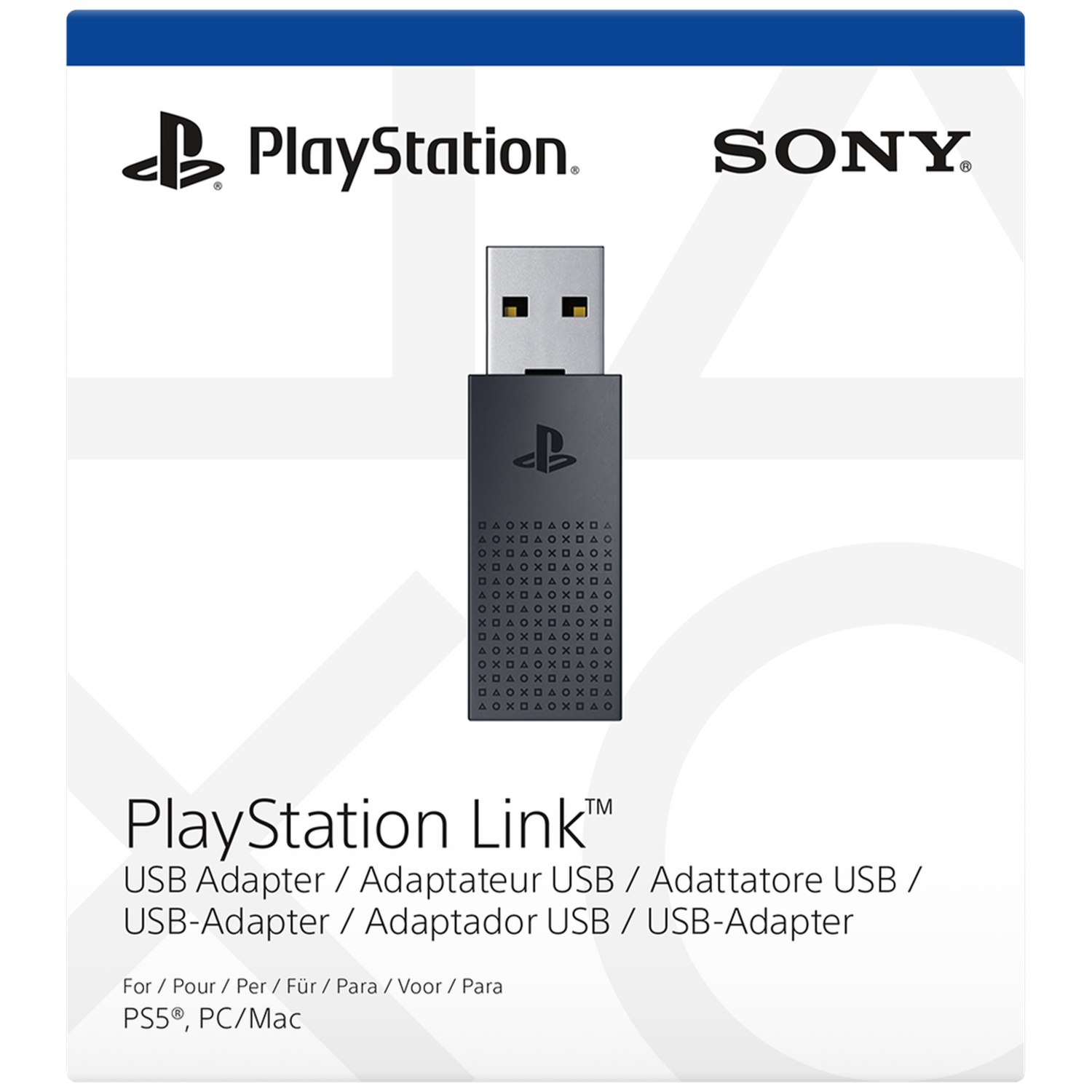 Image shows a PlayStation Link USB adapter. The PlayStation and Sony logos are at the top. Text and shapes surround the adapter.