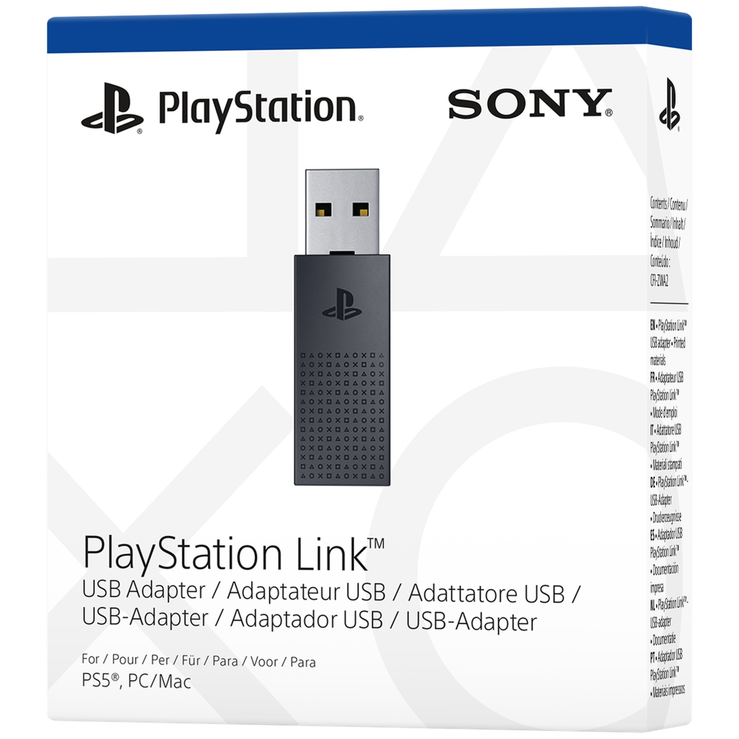 A PlayStation Link USB adapter in its box. The box is white with the PlayStation and Sony logos.