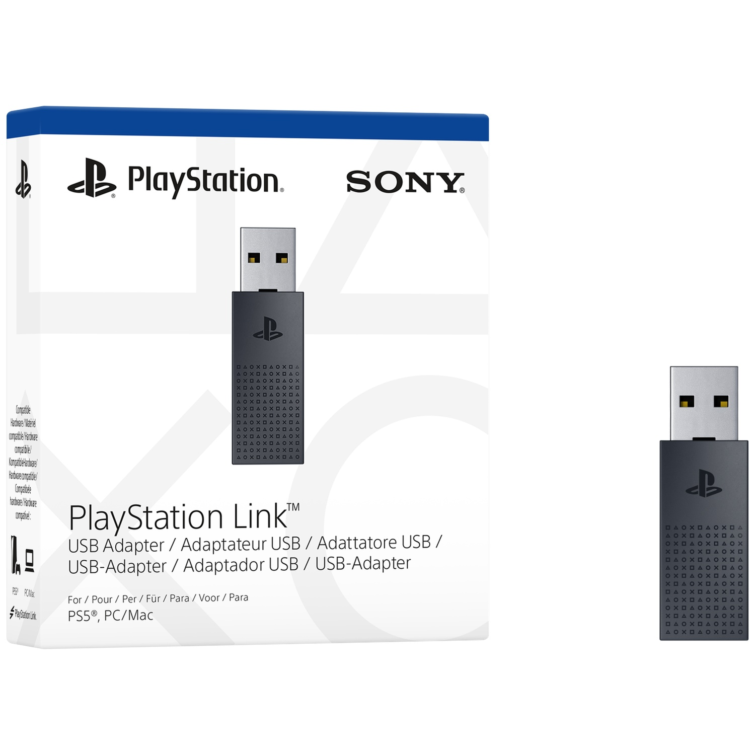 Image shows a PlayStation Link USB adapter and its box. The box displays branding and product details. The adapter is black.