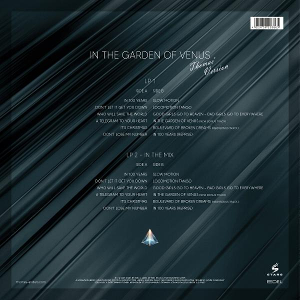 Albumcover für 'In the Garden of Venus'. Enthält Tracklisten für LP1 und LP2, mit dunklem blauem Hintergrund und weißem Text.