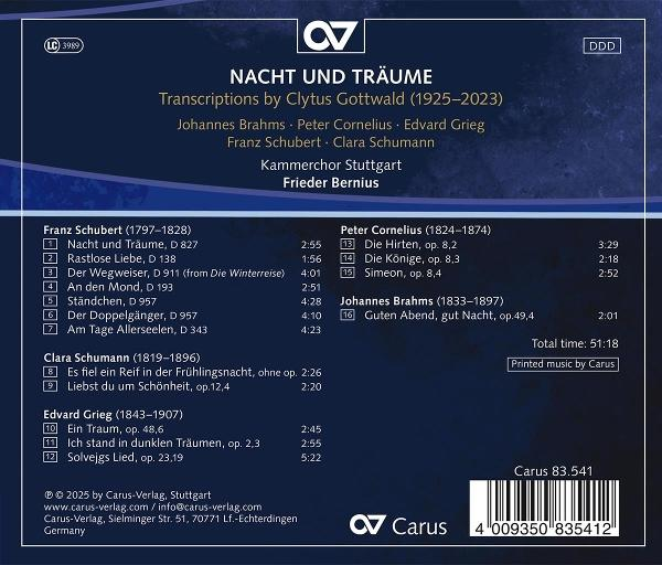 CD-Cover mit dem Titel 'Nacht und Träume' mit Komponistennamen und Trackliste. Gedruckt von Carus-Verlag.