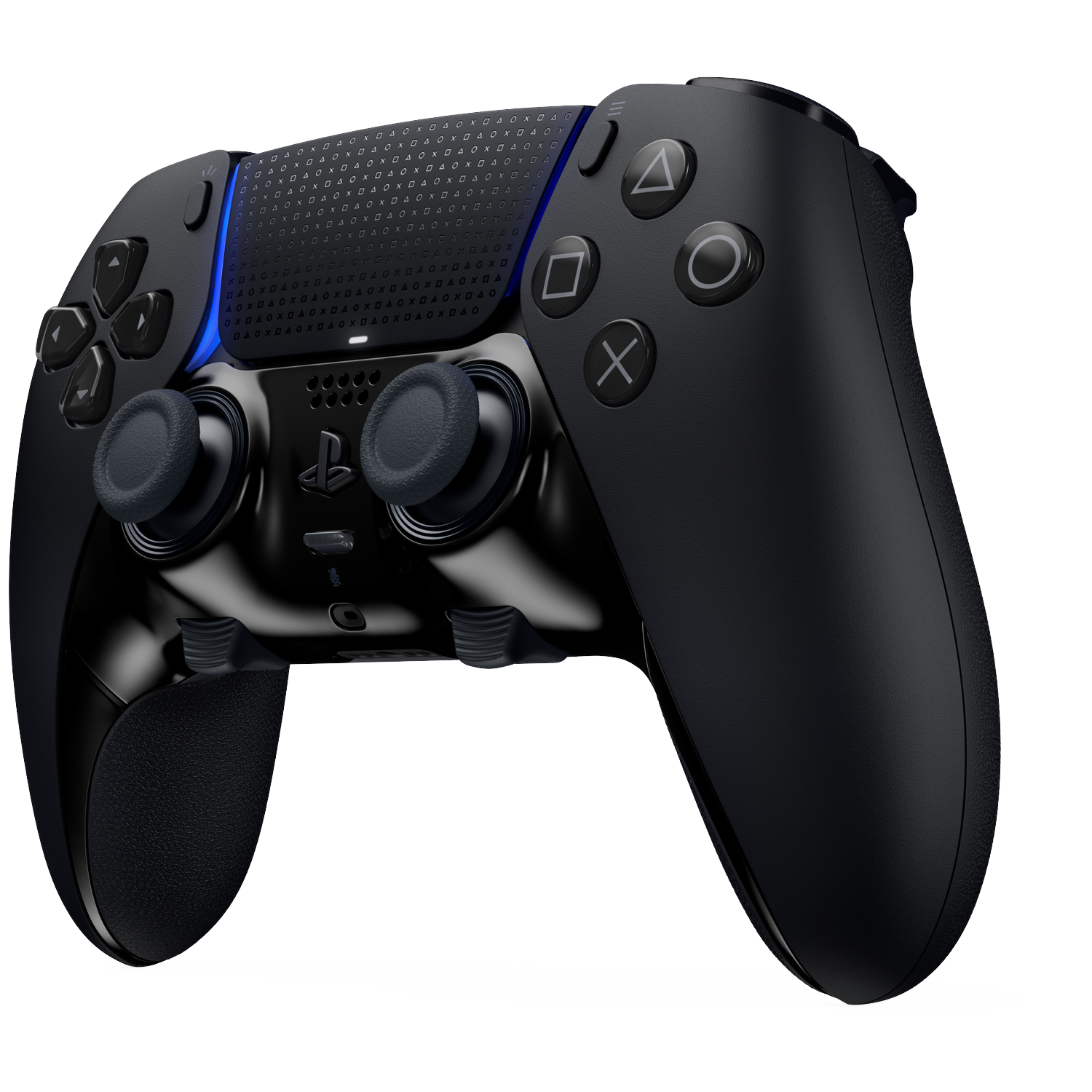 Een zwarte PlayStation-controller met knoppen, joysticks en een touchpad. Deze staat tegen een witte achtergrond.