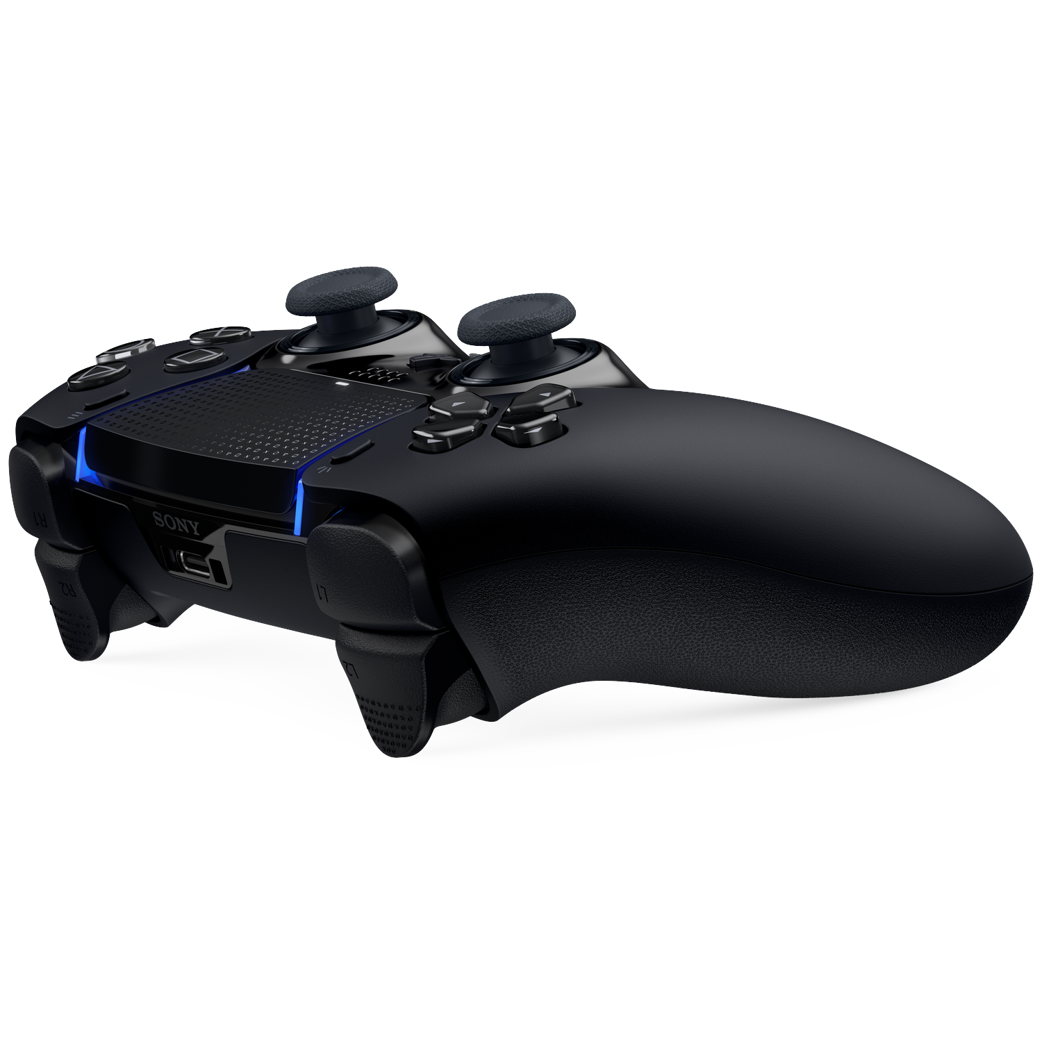 Een zwarte PlayStation 5-controller. Het heeft twee analoge sticks, knoppen en triggers. Het Sony-logo is zichtbaar.