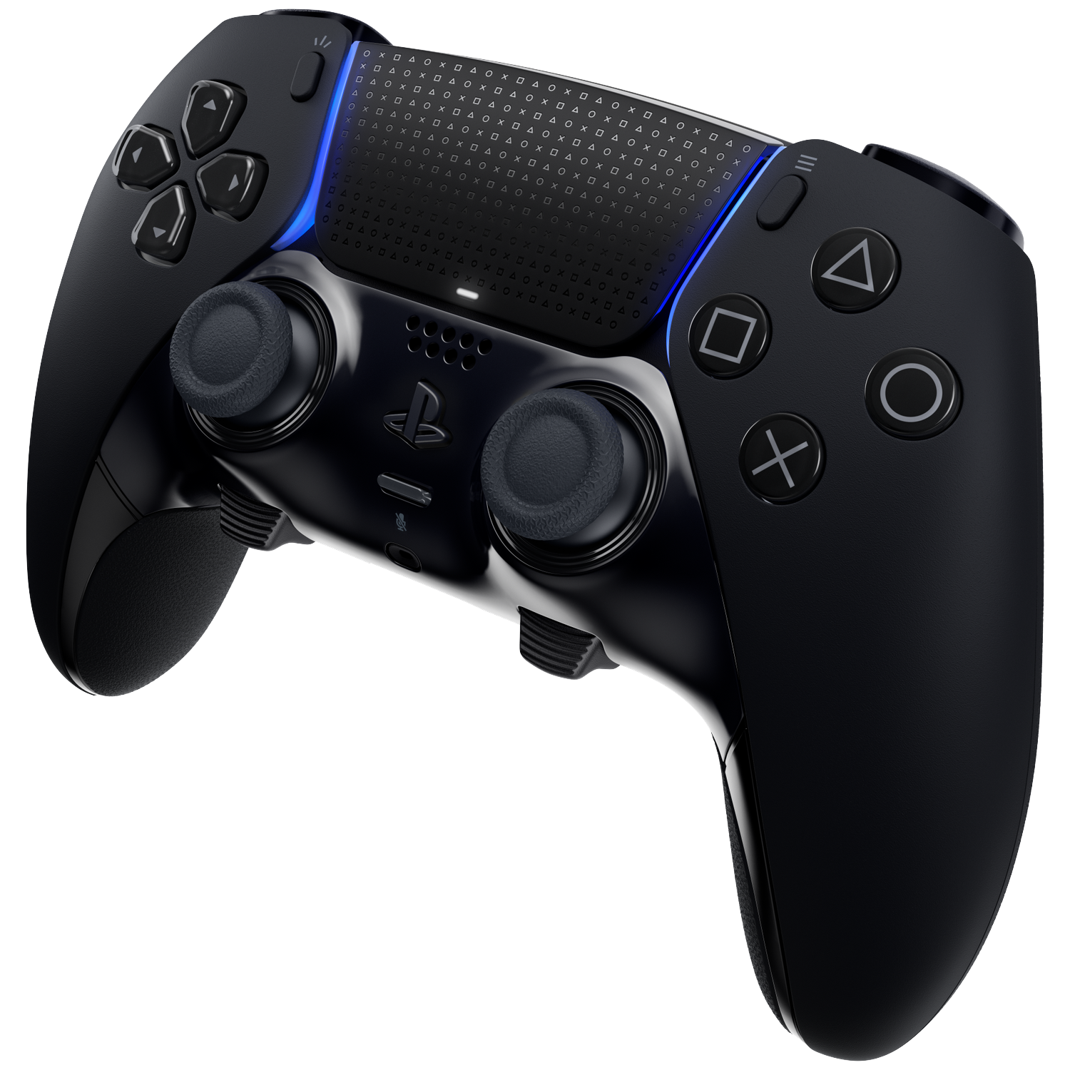 Zwarte PlayStation-controller met knoppen, joysticks en een touchpad. Blauwe accenten zijn zichtbaar. De achtergrond is wit.