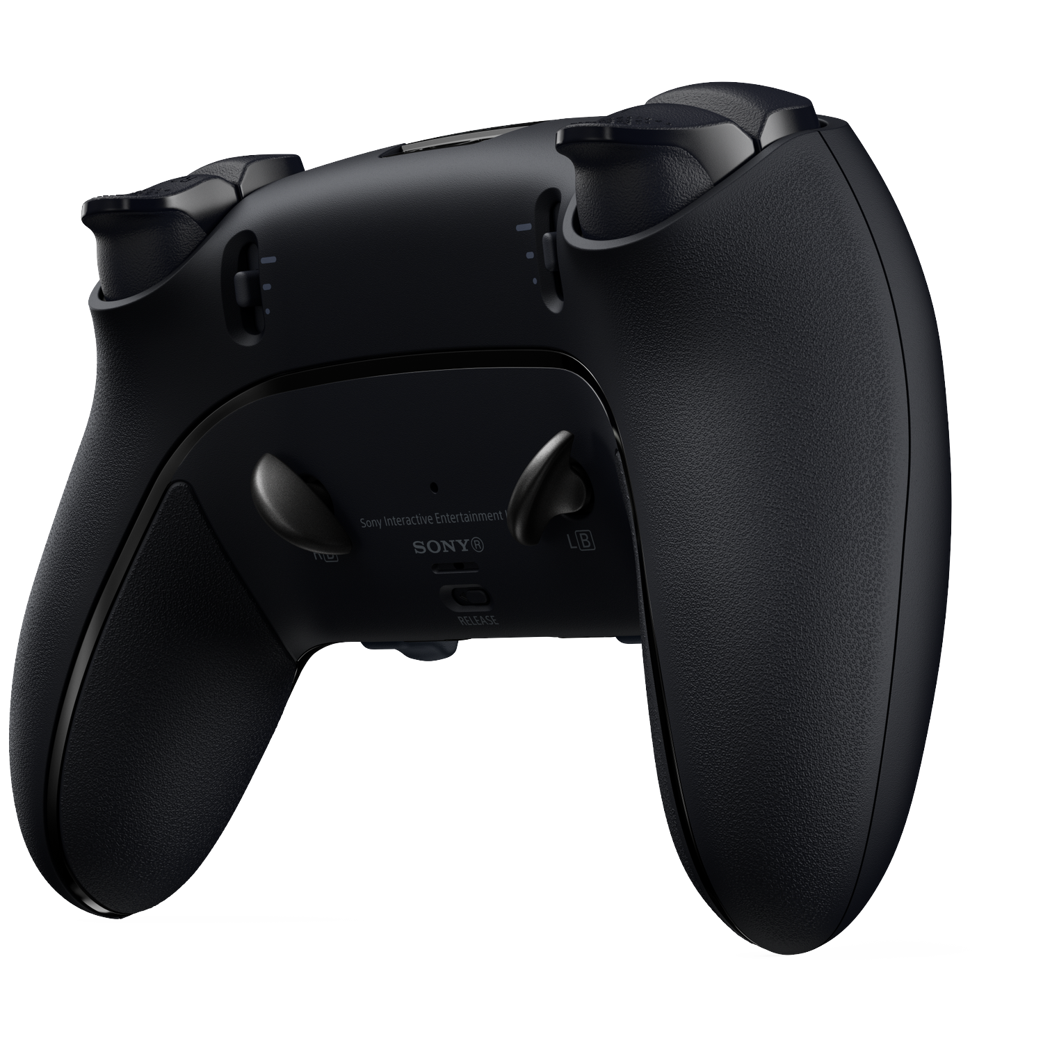 Zwarte PlayStation-controller met getextureerde grip en knoppen. Sony-logo zichtbaar. De controller staat op een witte achtergrond.