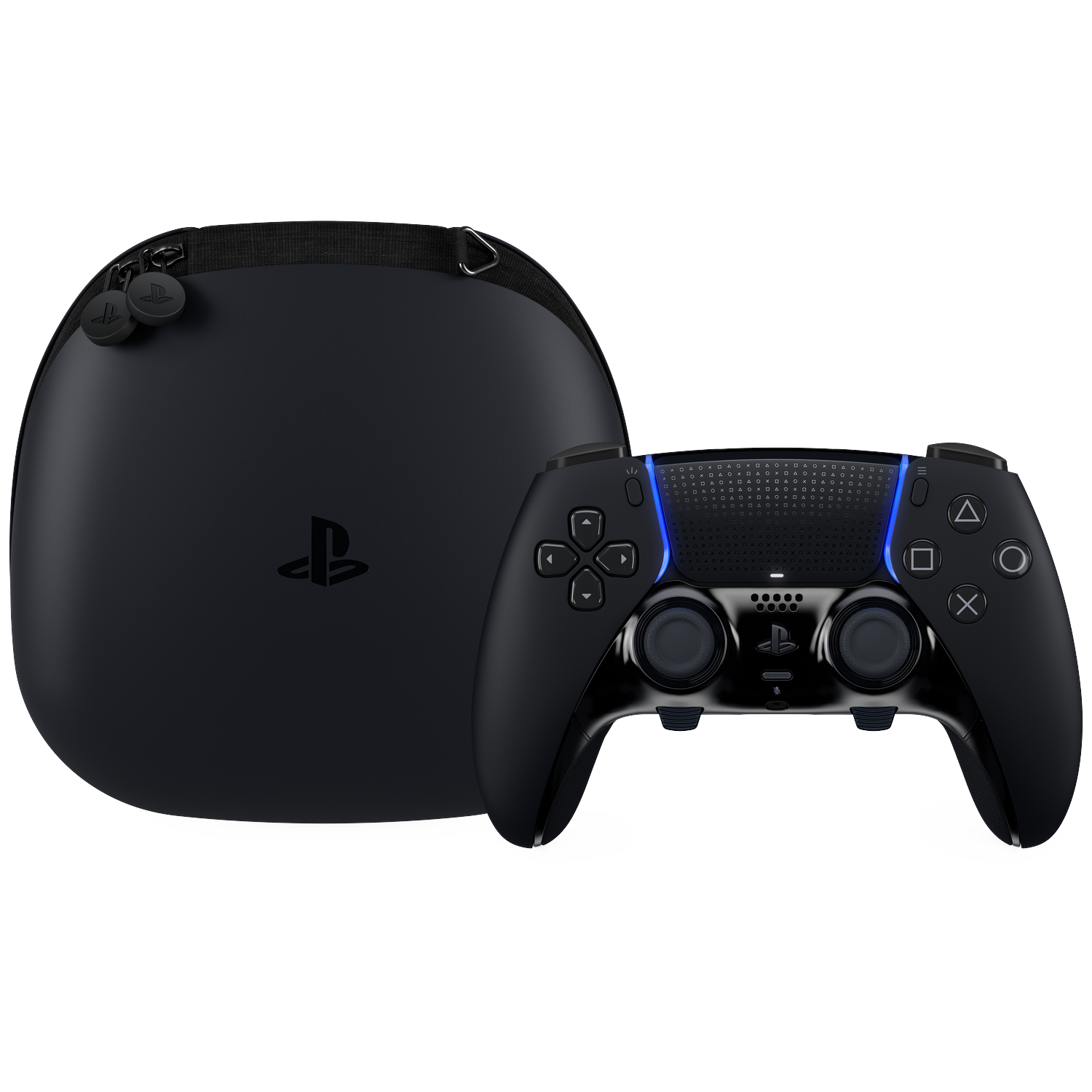 Zwarte PlayStation-controller en draagtas. De controller heeft blauwe accenten, knoppen en joysticks. De hoes is zwart en ovaal.