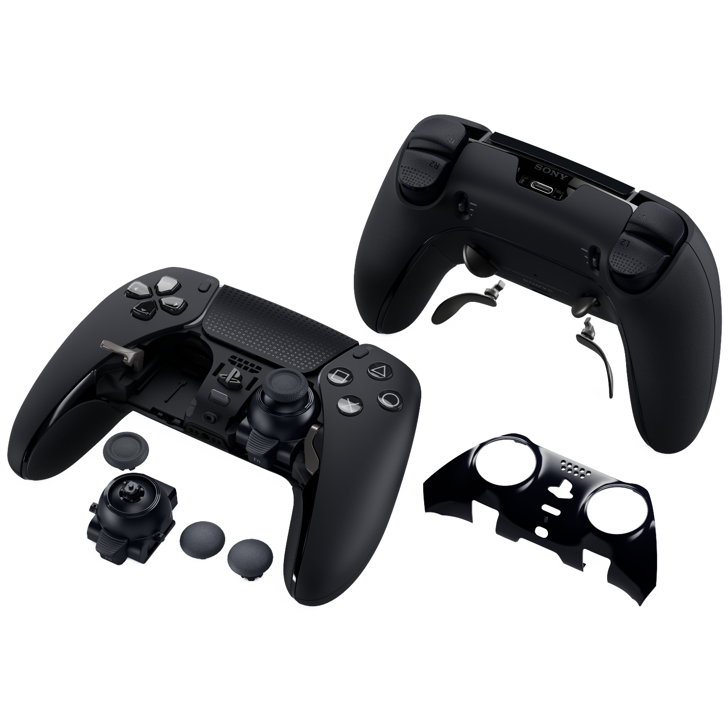 Zwarte gedemonteerde PlayStation-controller met onderdelen. Toont knoppen, triggers en interne delen op witte achtergrond.