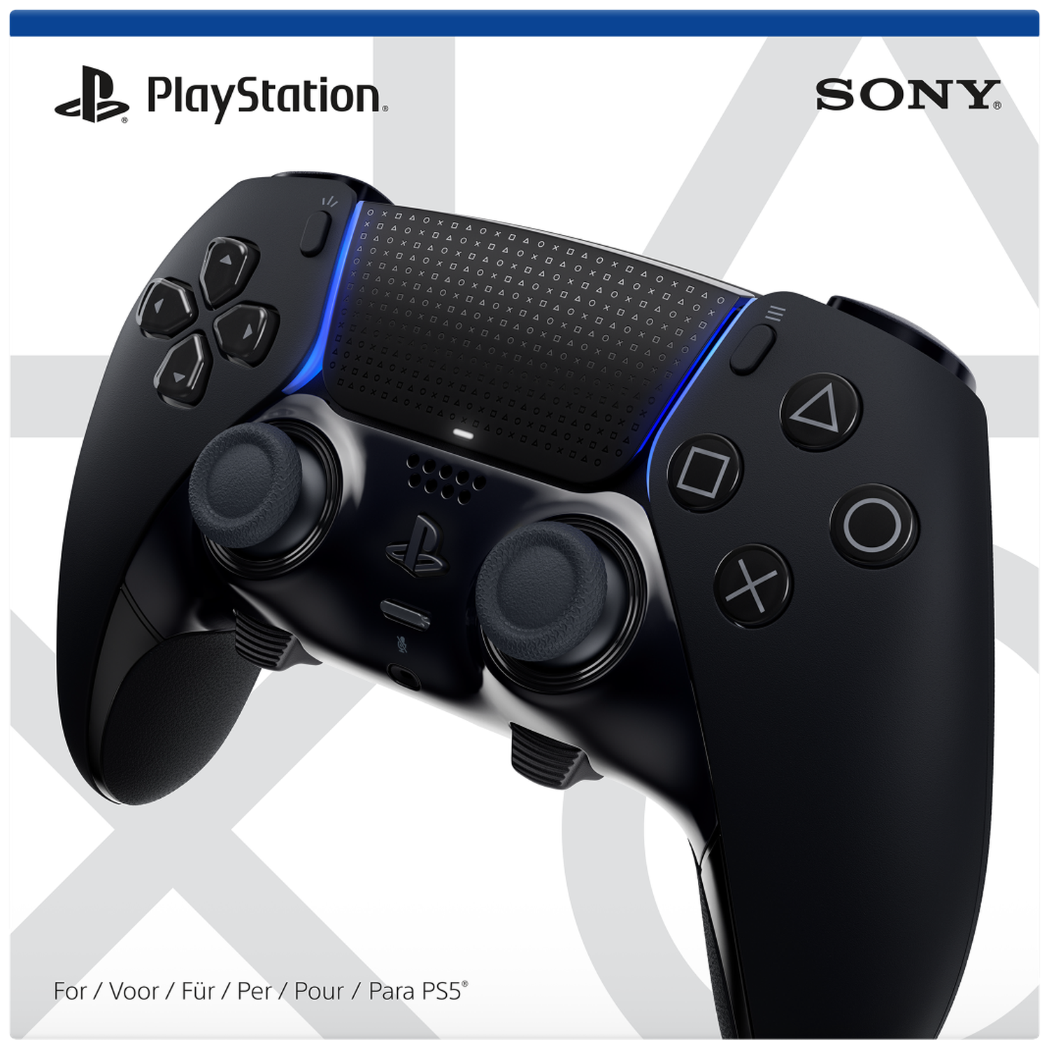 Zwarte PlayStation 5-controller met knoppen, joysticks en het PlayStation-logo. Sony-logo rechtsboven.