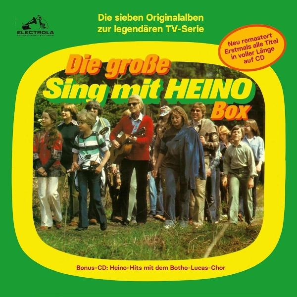 Albumcover: Gruppe von Menschen in der Natur. Text auf Deutsch: 'Die große Sing mit HEINO Box' und CD-Info.