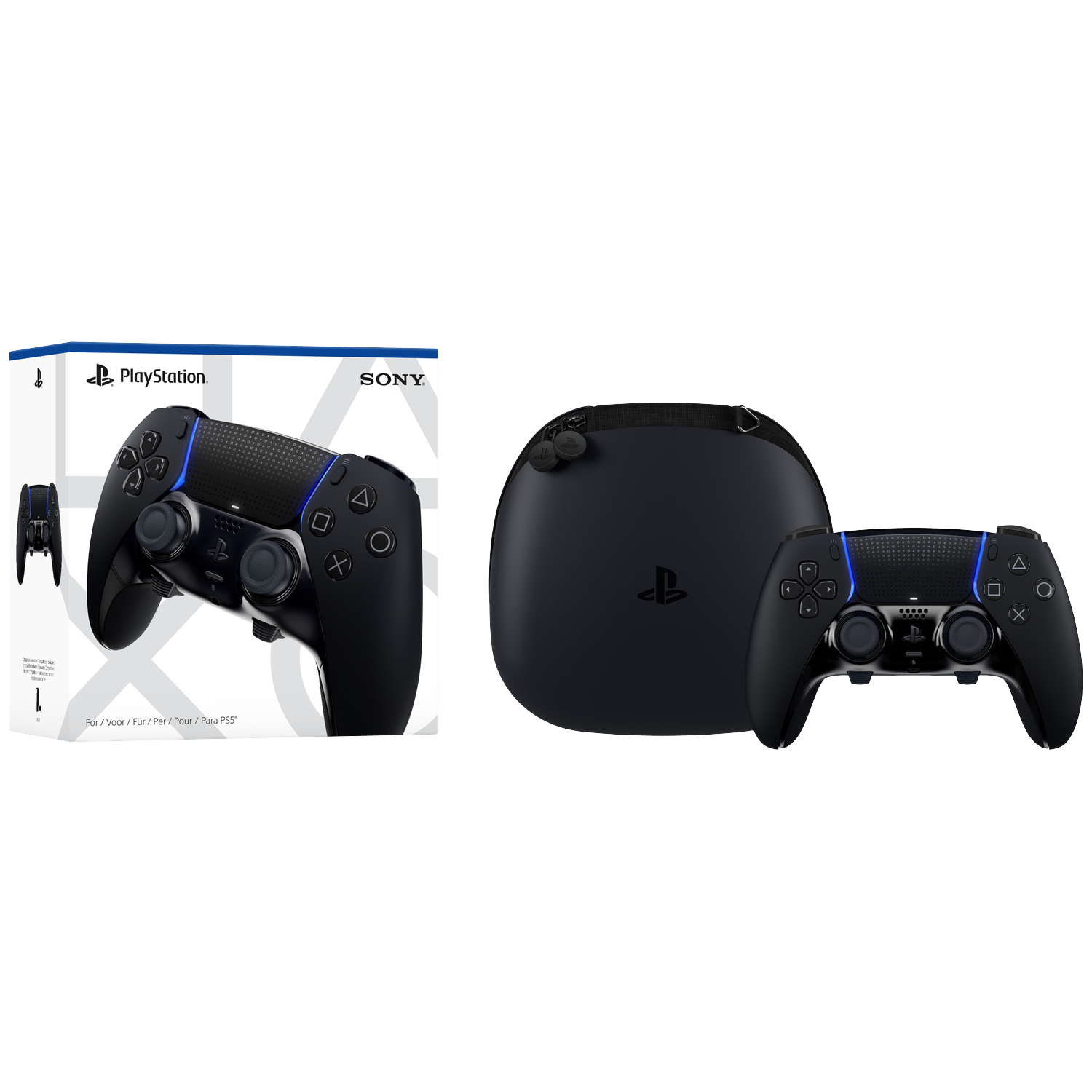 Afbeelding toont een zwarte PlayStation-controller, een draagtas en de doos van de controller. De controller staat op een witte achtergrond.