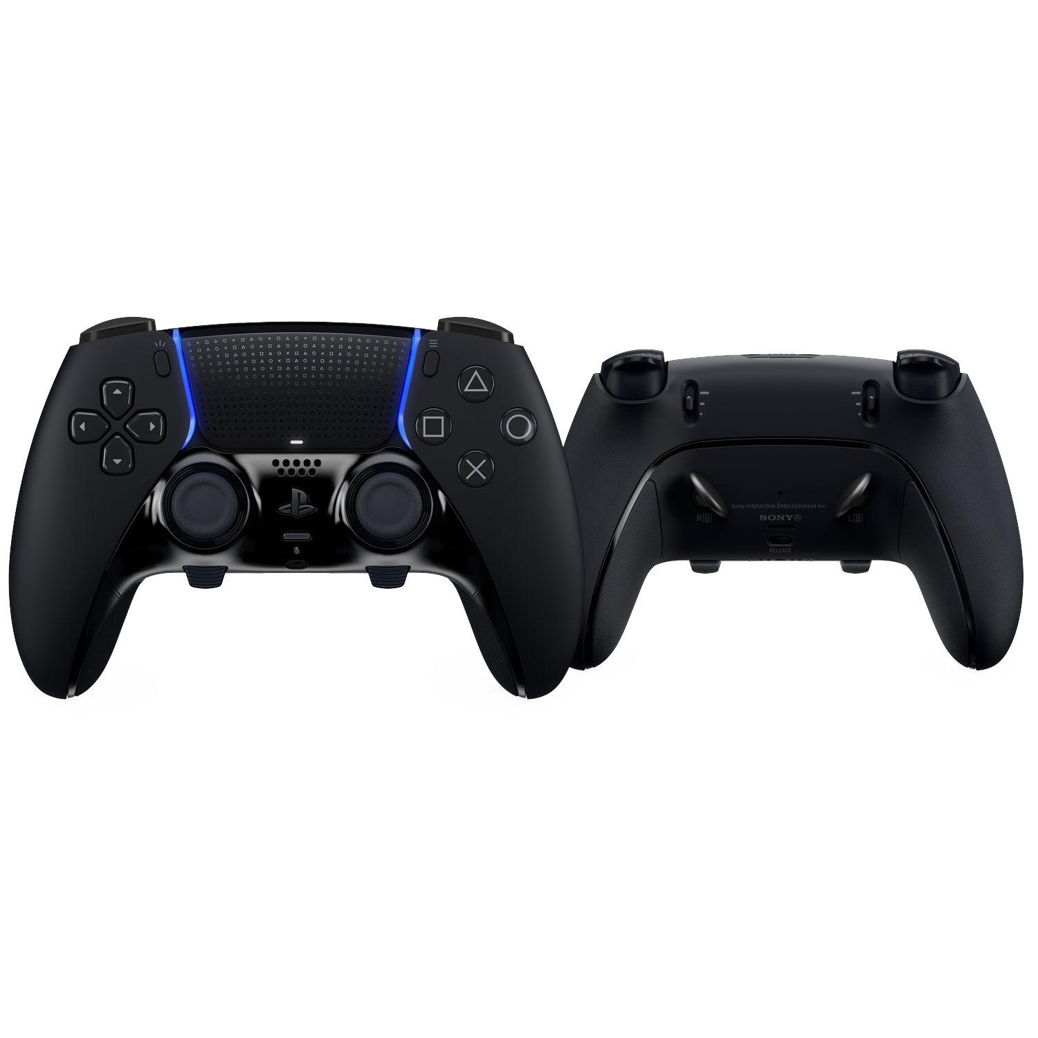 Twee zwarte PlayStation 5 Edge controllers, één voor- en één achteraanzicht, op een witte achtergrond. Elk heeft knoppen en joysticks.