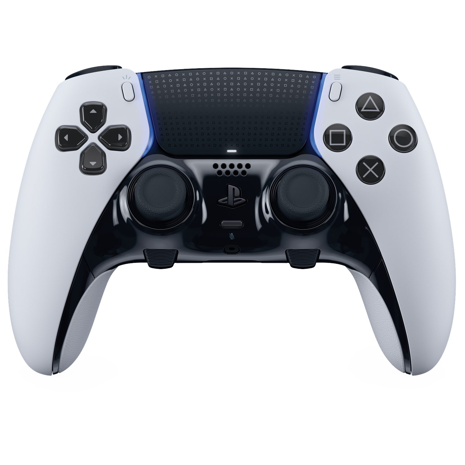 Witte en zwarte Playstation-controller. Het heeft knoppen en analoge sticks, met het Playstation-logo in het midden.