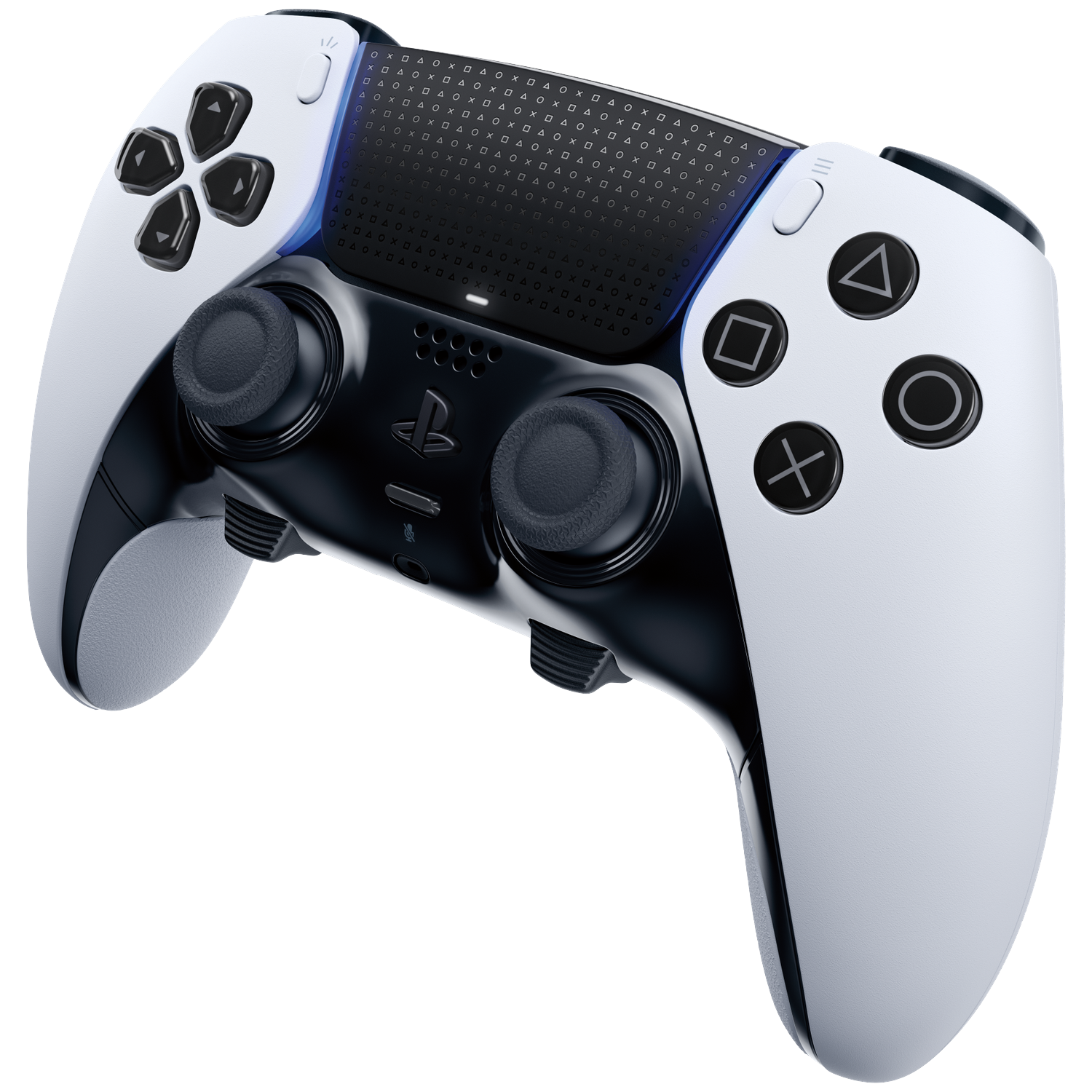Een wit en zwarte Playstation controller. Het heeft knoppen met symbolen, twee joysticks en een touchpad.
