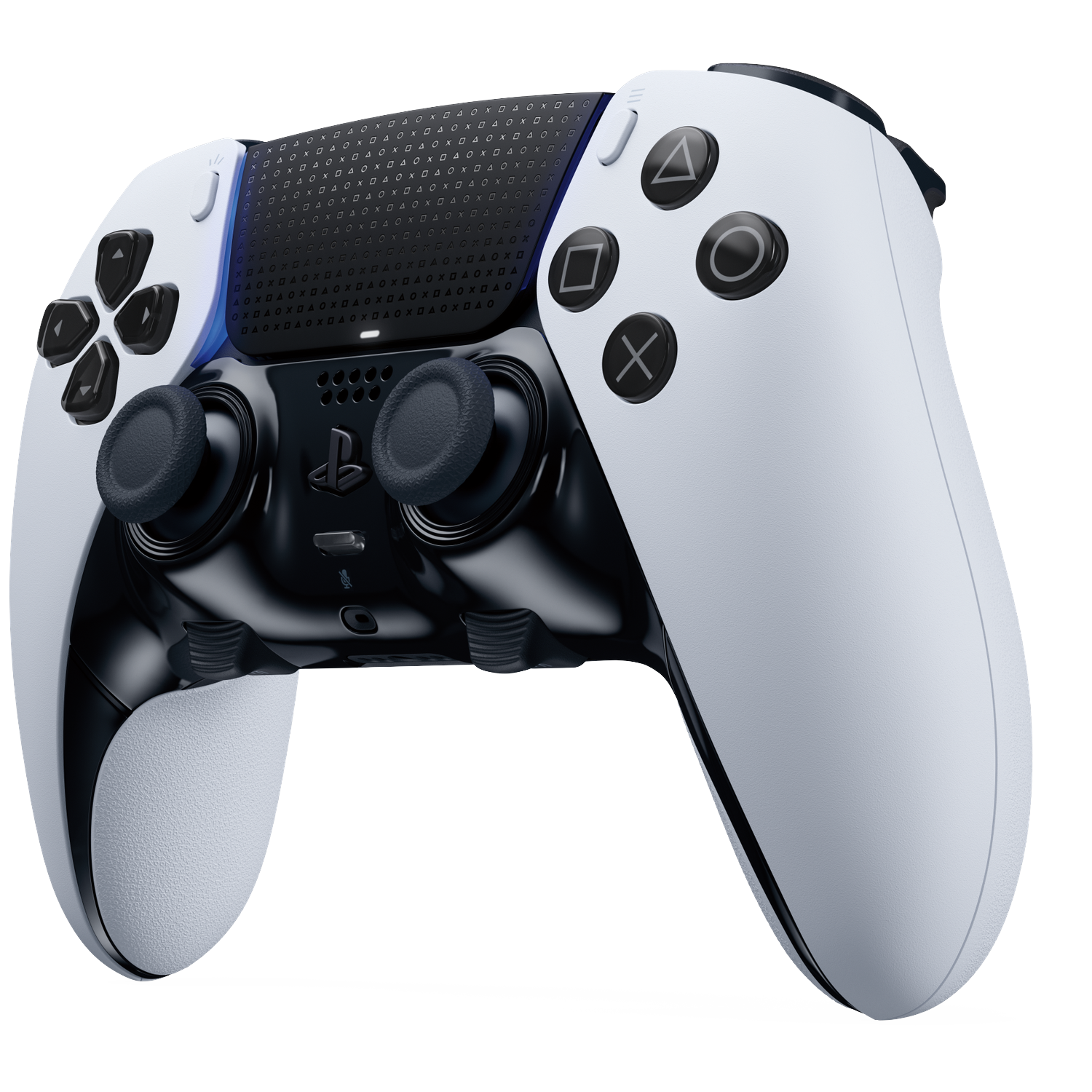 Een wit en zwarte PlayStation-controller wordt getoond. Het heeft knoppen en joysticks. De achtergrond is wit.