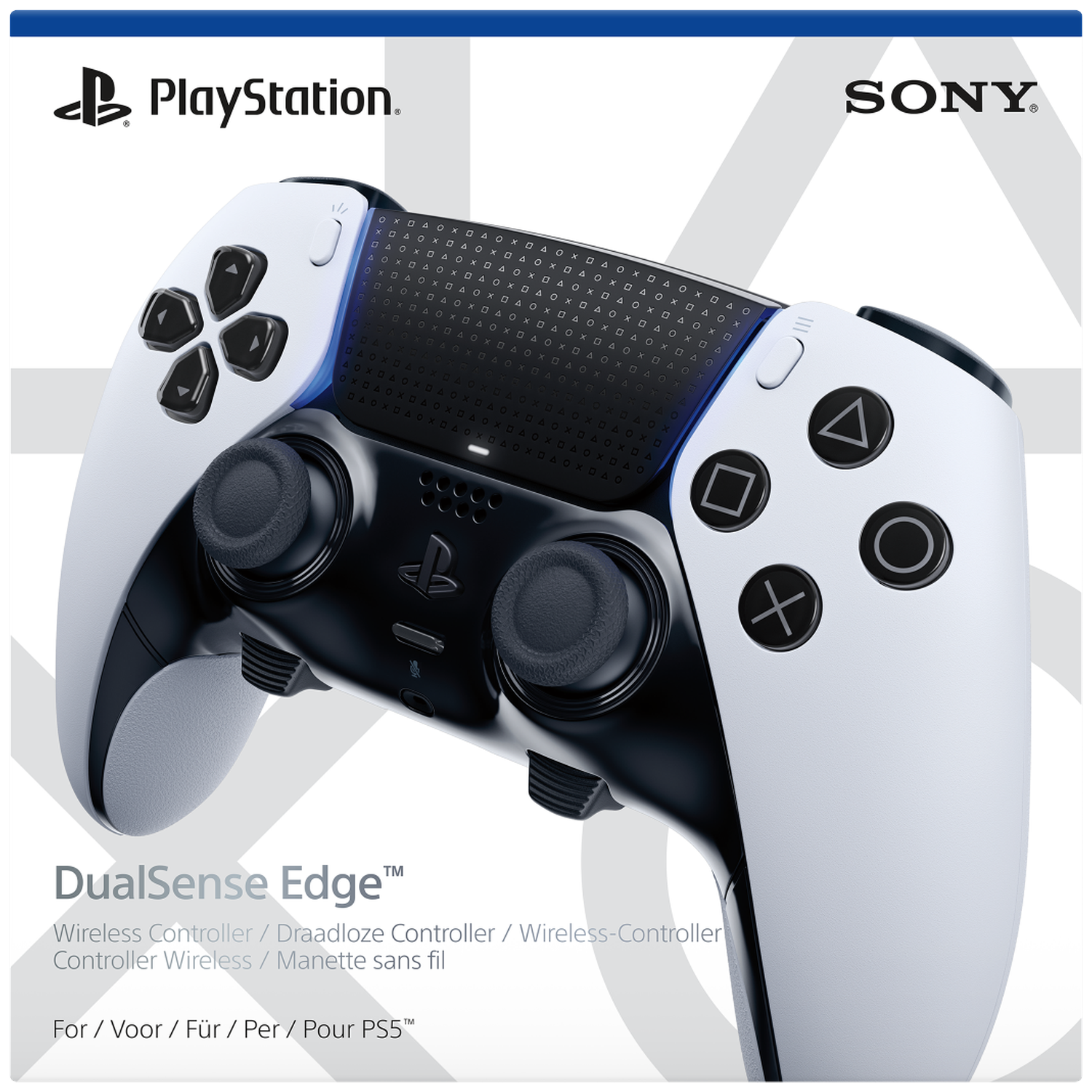 Een witte en zwarte PlayStation DualSense Edge controller. PlayStation en SONY logo's bovenaan.