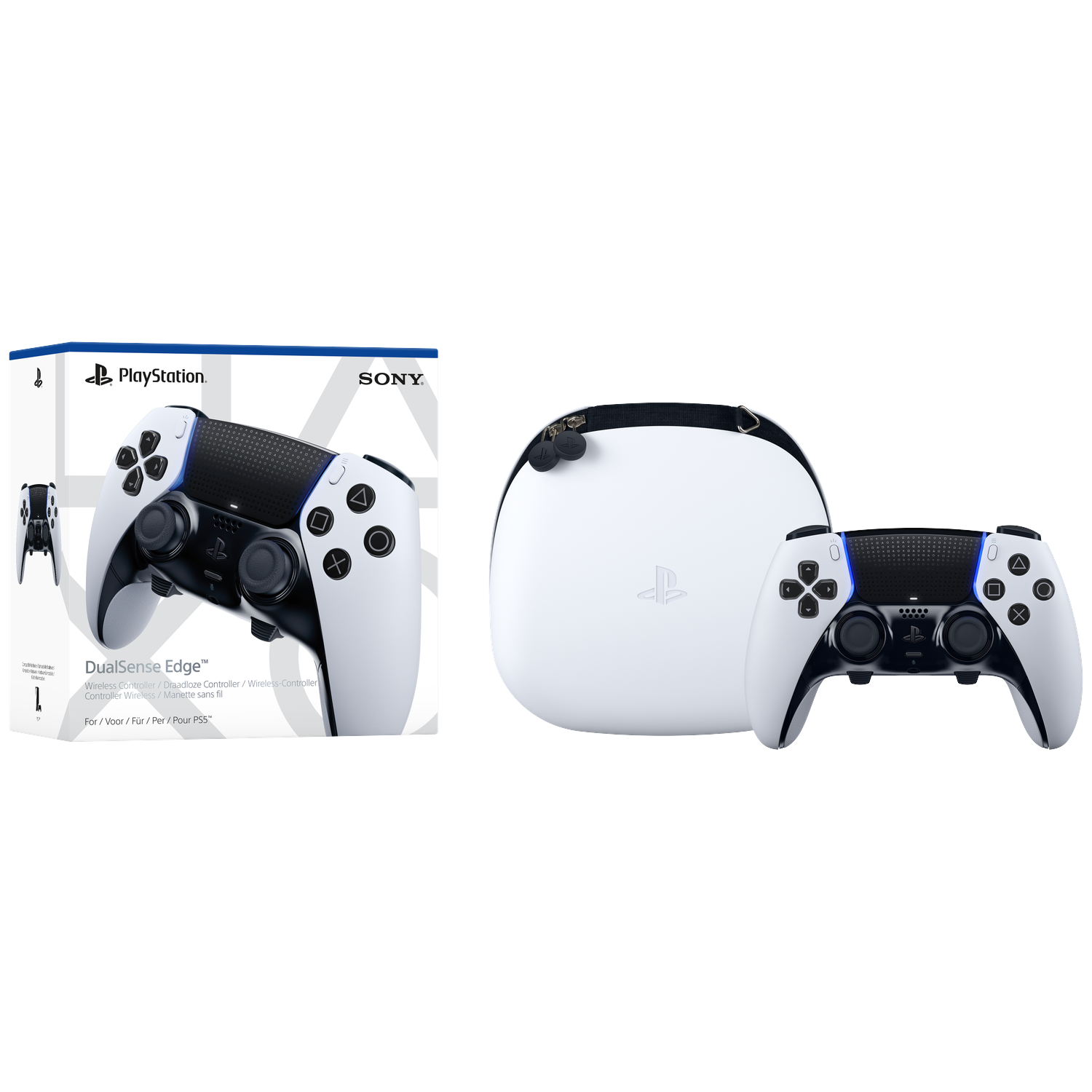 Een wit-zwarte PlayStation DualSense Edge-controller en de draagtas liggen op een wit oppervlak. De doos staat links.