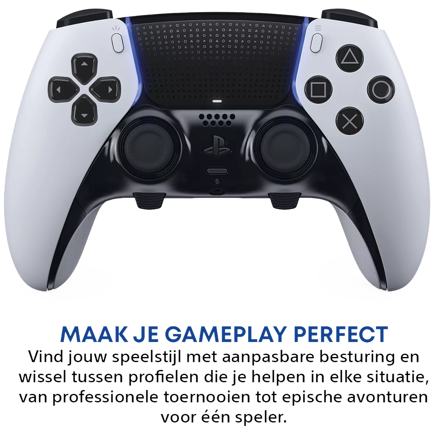 Een wit-zwarte gamecontroller met knoppen. Onderaan staat de tekst "MAAK JE GAMEPLAY PERFECT" en meer in het Nederlands.