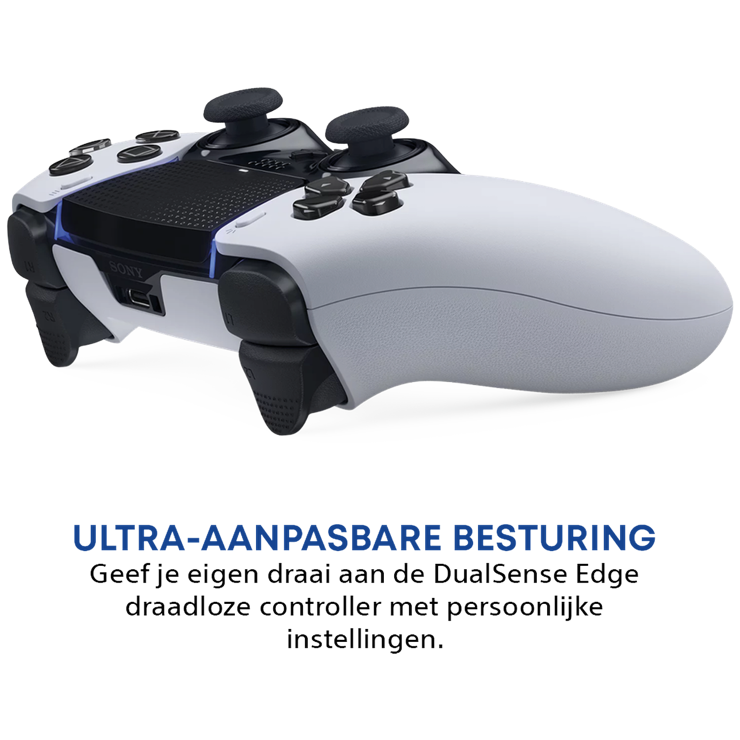 Een wit en zwarte DualSense Edge draadloze controller, iets schuin. De tekst onderaan luidt 'ULTRA-AANPASBARE BESTURING'.