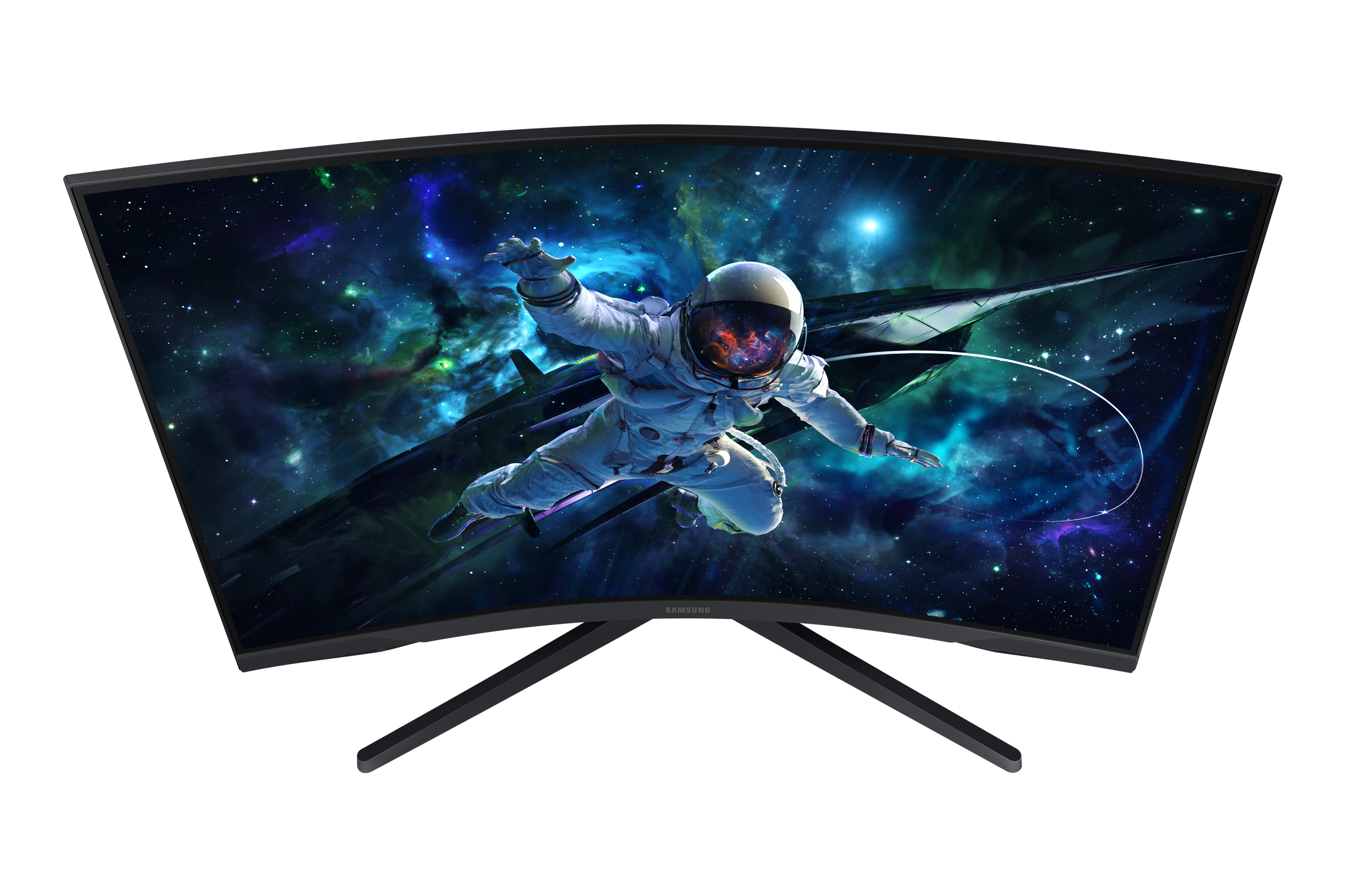 Astronauta unoszący się w kosmosie, wyświetlany na zakrzywionym monitorze. Tło to mgławica.