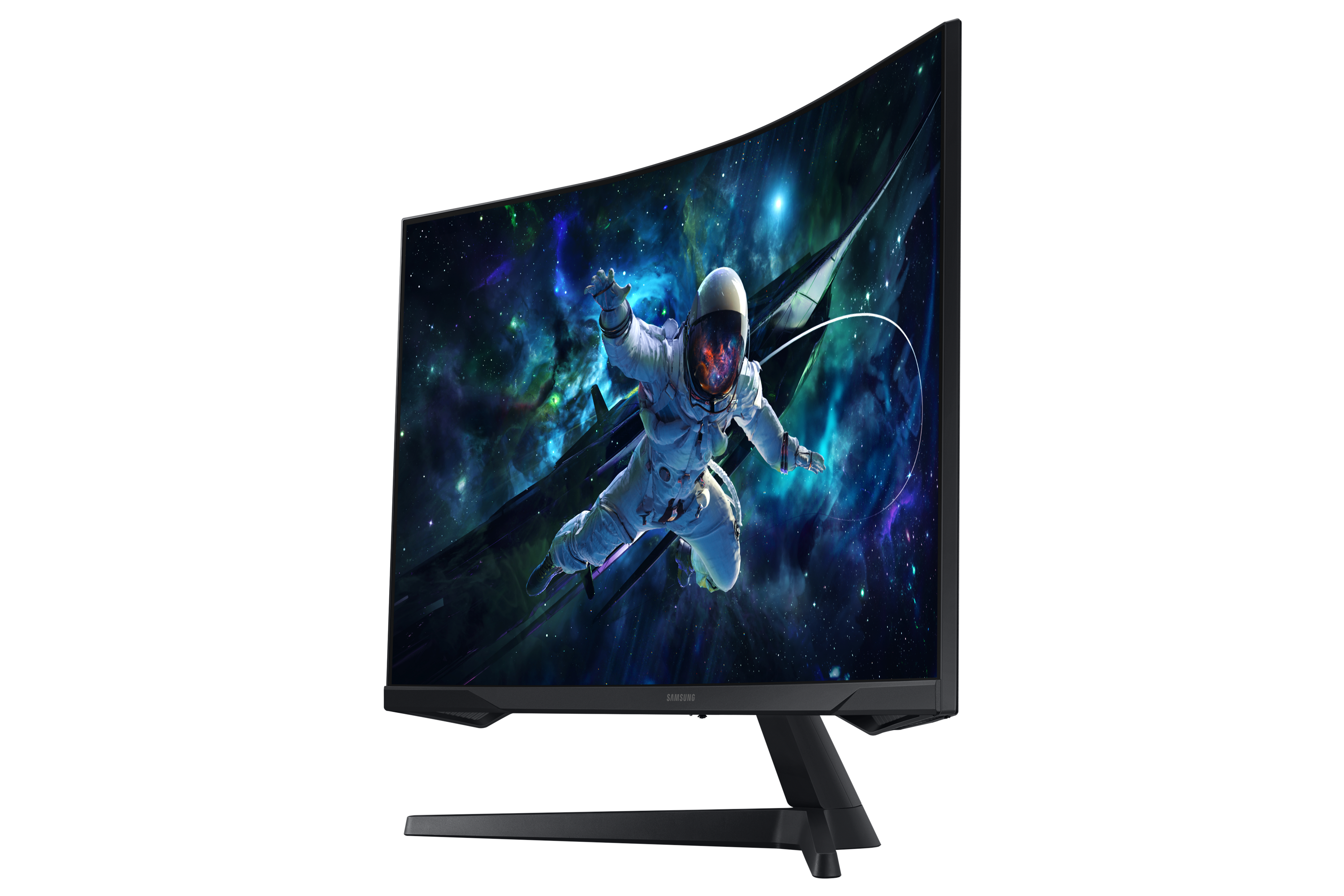 Zakrzywiony monitor wyświetla astronautę unoszącego się w kosmosie z tłem mgławicy. Monitor ma czarną ramkę i podstawę.