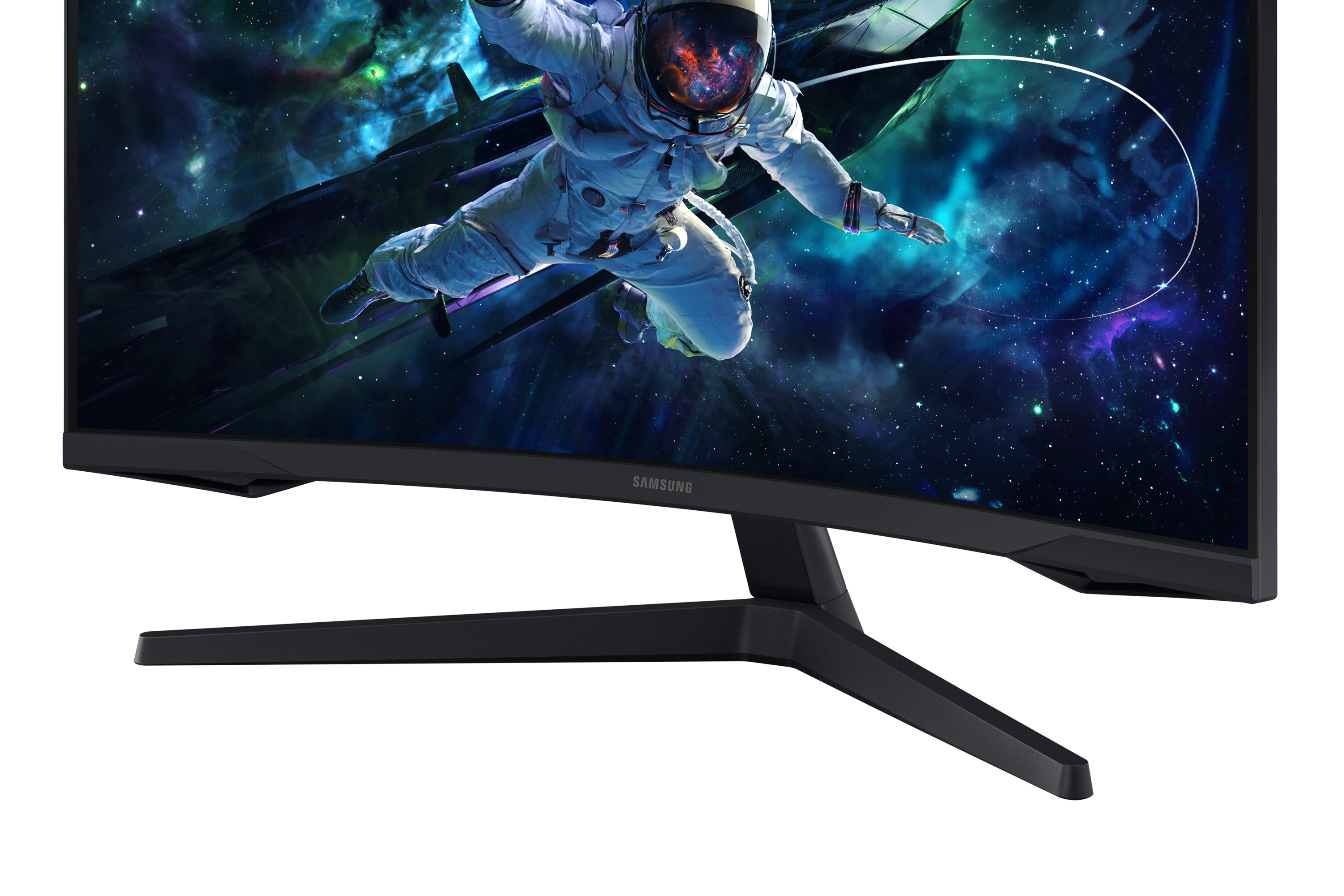 Zakrzywiony monitor wyświetla astronautę w kosmosie z statkiem kosmicznym i tłem galaktyki, czarna podstawa.