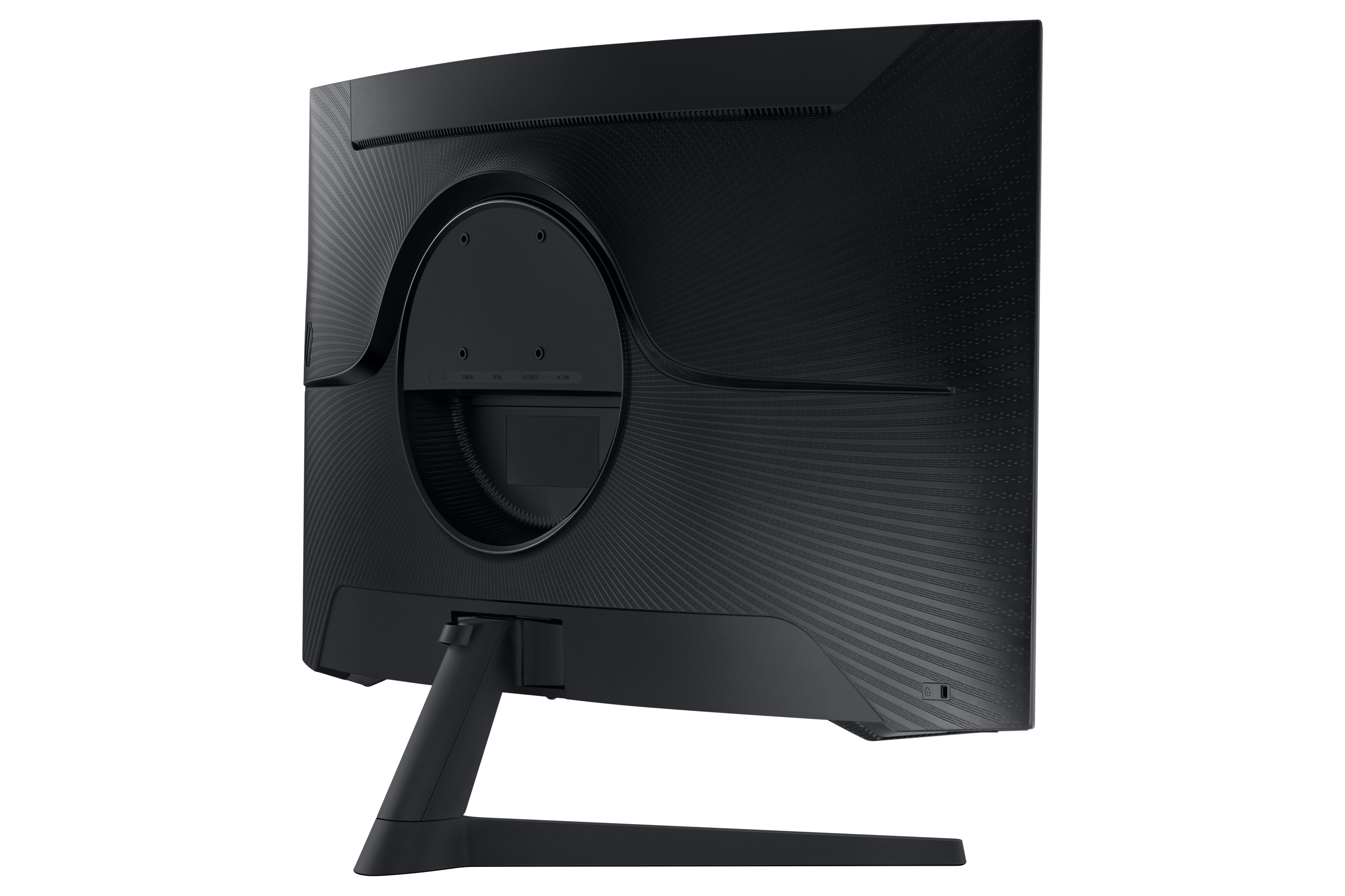 Tył czarnego, zakrzywionego monitora. Teksturowana powierzchnia, porty i podstawka.