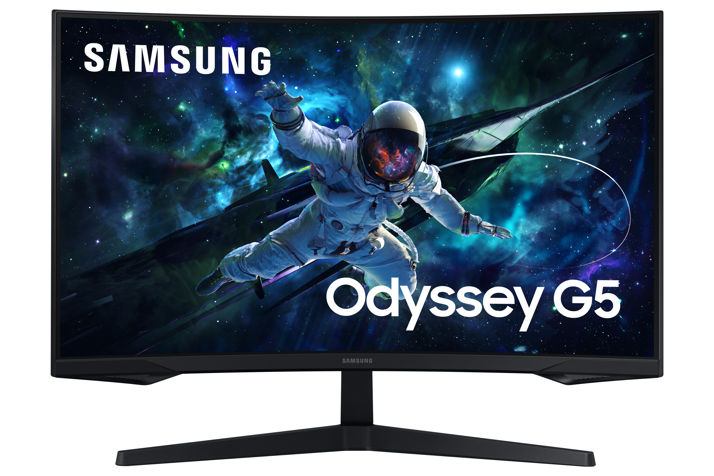 Monitor z kosmiczną sceną. Astronauta lewituje z statkiem kosmicznym. Obecne są logo Samsung i Odyssey G5.