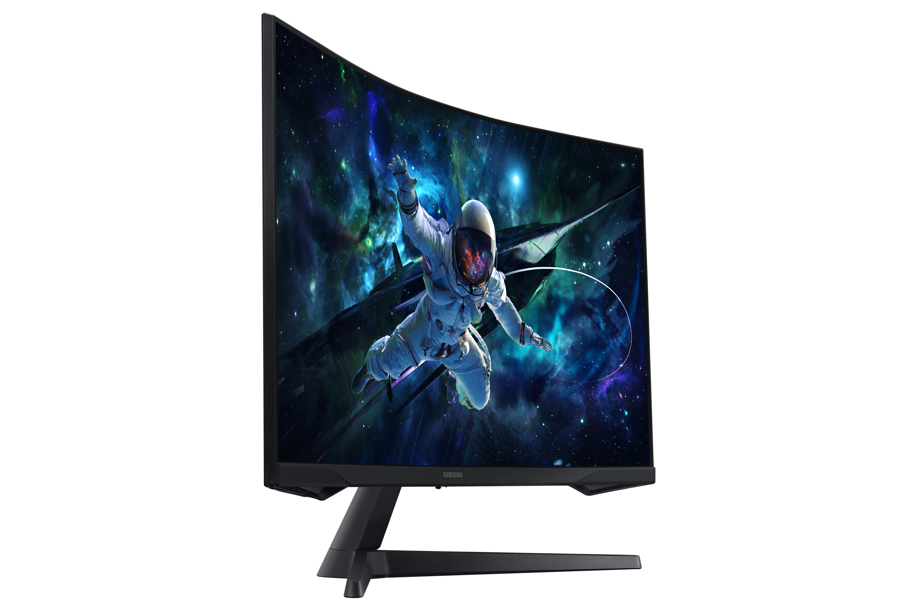 Zakrzywiony monitor wyświetla astronautę w kosmosie. Tło przedstawia galaktykę i statek kosmiczny.