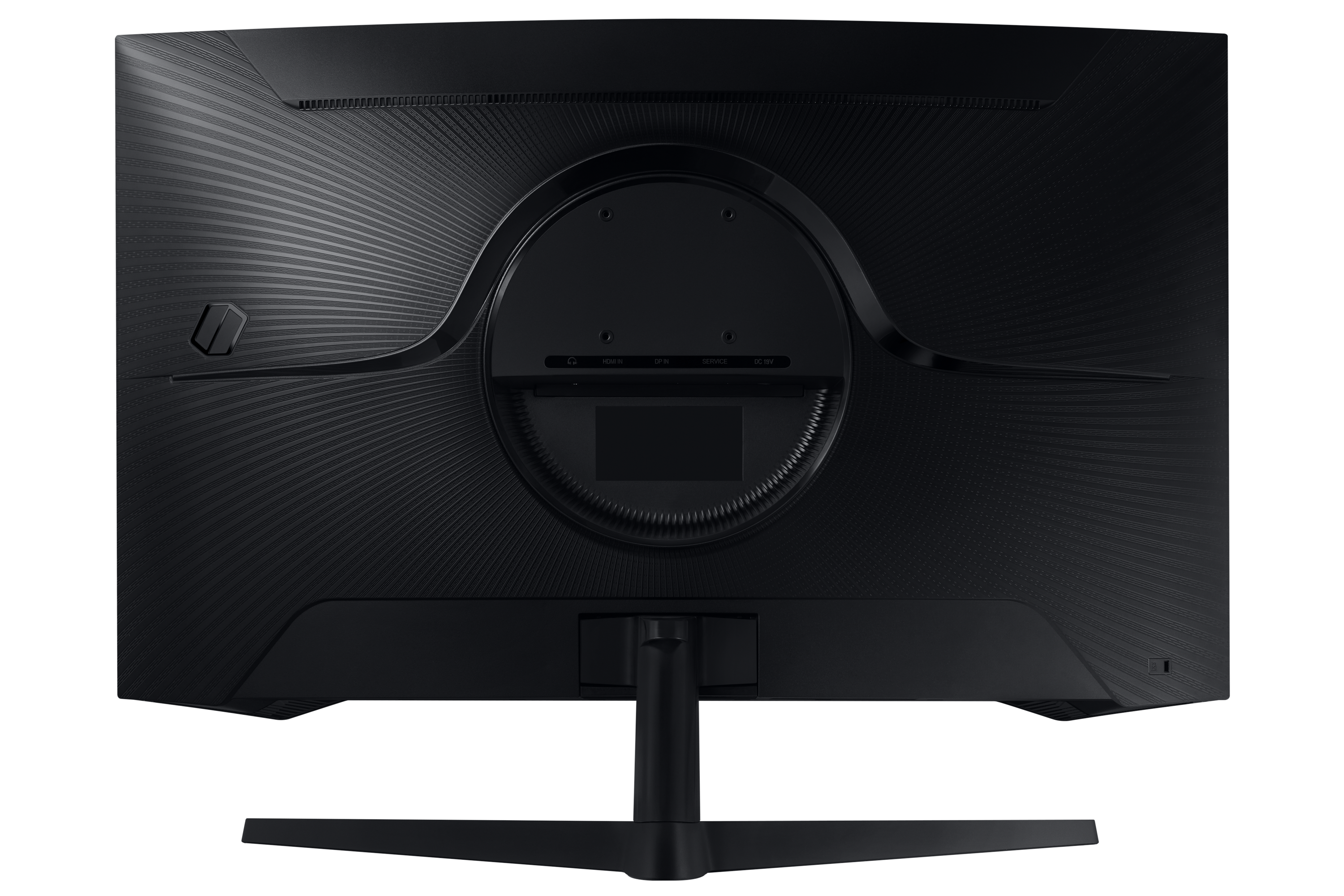 Tył czarnego monitora komputerowego, z portami HDMI, DP i zasilaniem. Monitor stoi na czarnym stojaku.