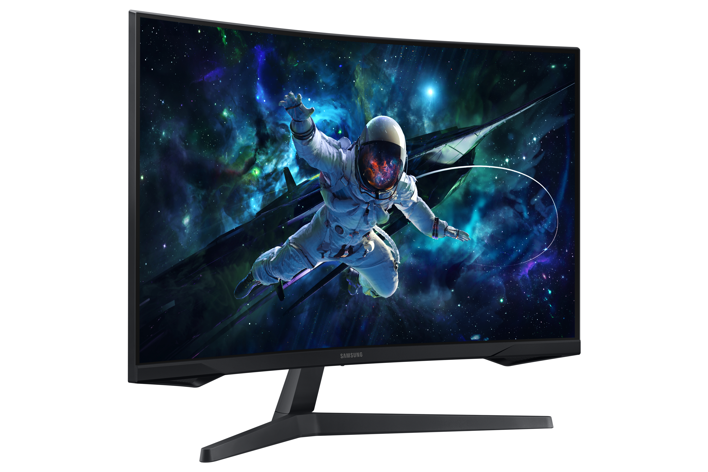 Monitor wyświetla scenę kosmiczną z astronautą i statkiem kosmicznym. Monitor ma czarną ramkę i podstawę.