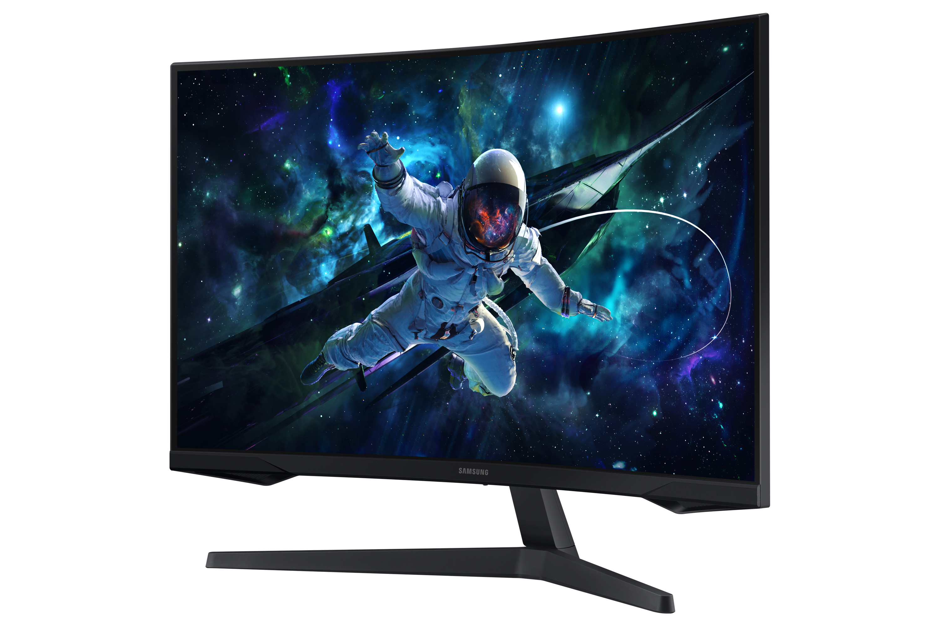 Zakrzywiony monitor wyświetla astronautę w kosmosie. Astronauta unosi się blisko statku kosmicznego na tle mgławicy.