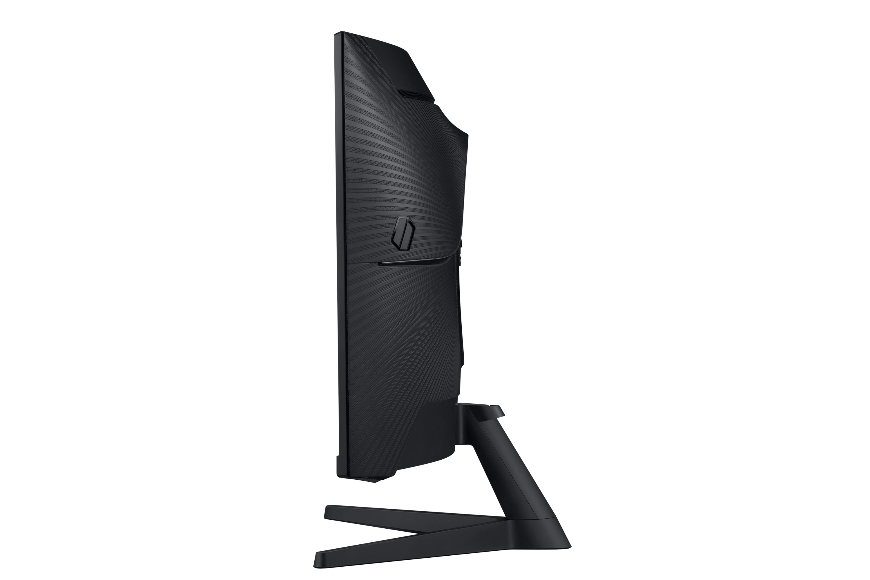 Widok z boku zakrzywionego czarnego monitora z teksturowanym tyłem i podstawą na czarnym tle.