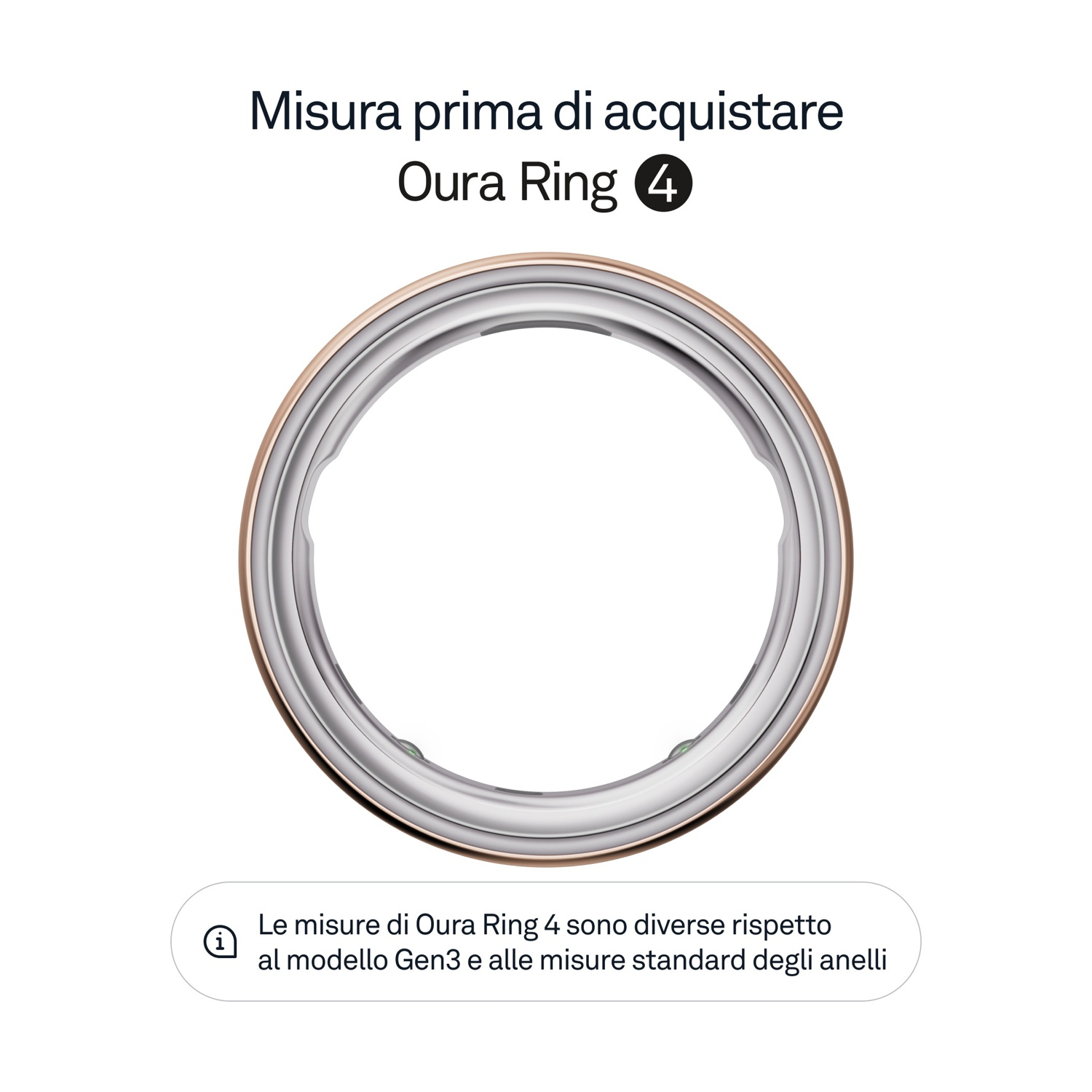 Un Oura Ring 4, argentato e dorato, è centrato su sfondo bianco. Il testo in alto recita: 'Misura prima di acquistare Oura Ring 4'.