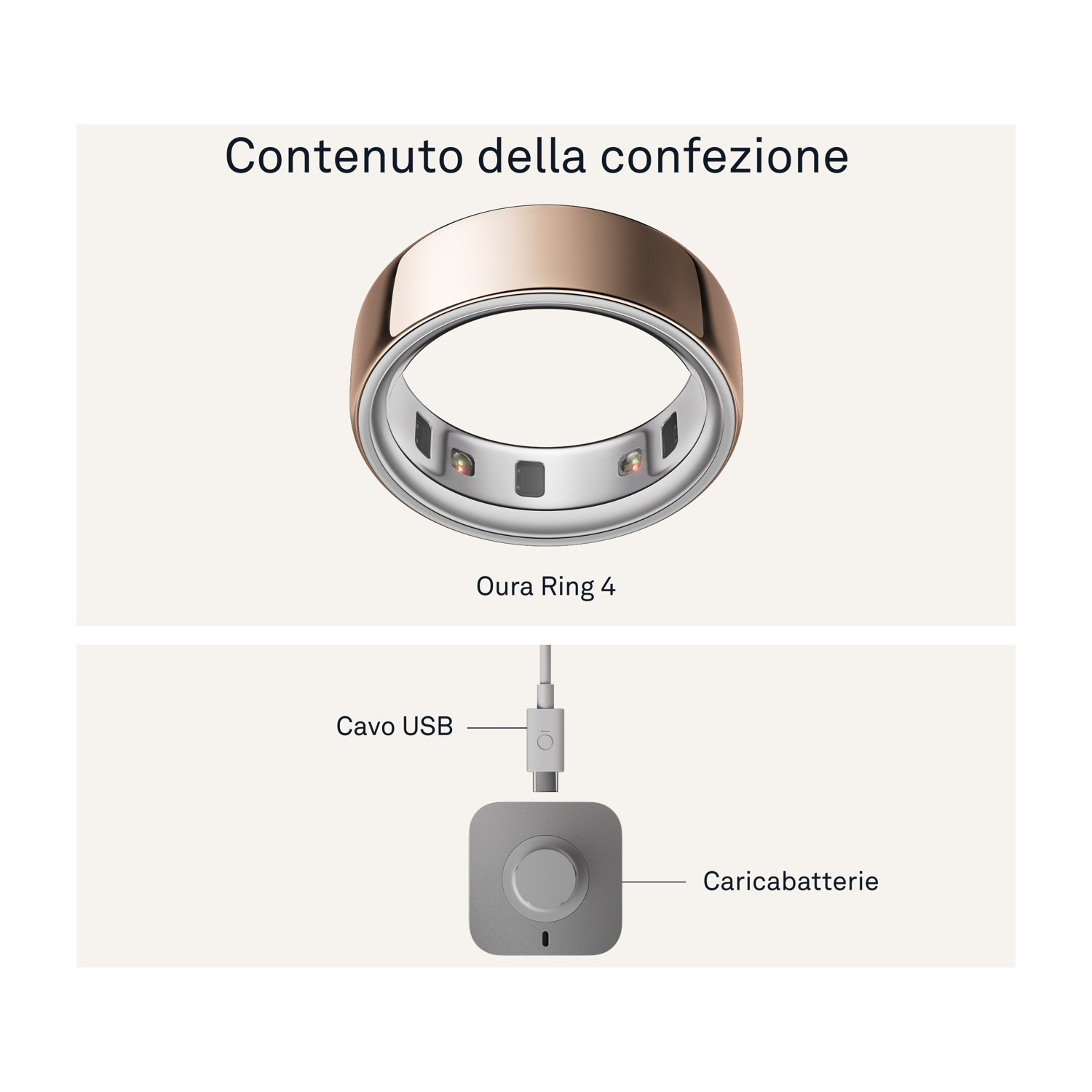 L'immagine mostra Oura Ring 4, un cavo USB e un caricatore. L'anello è color oro. Il caricatore e l'interno dell'anello sono grigio chiaro.