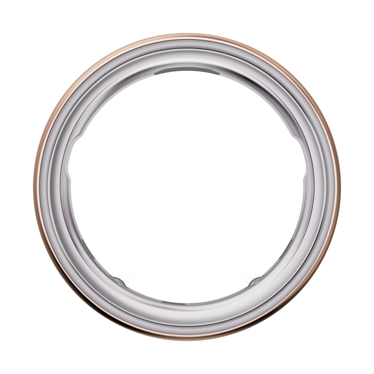 Un anello intelligente circolare. Ha un anello esterno color oro rosa, un anello interno argentato e uno sfondo bianco.