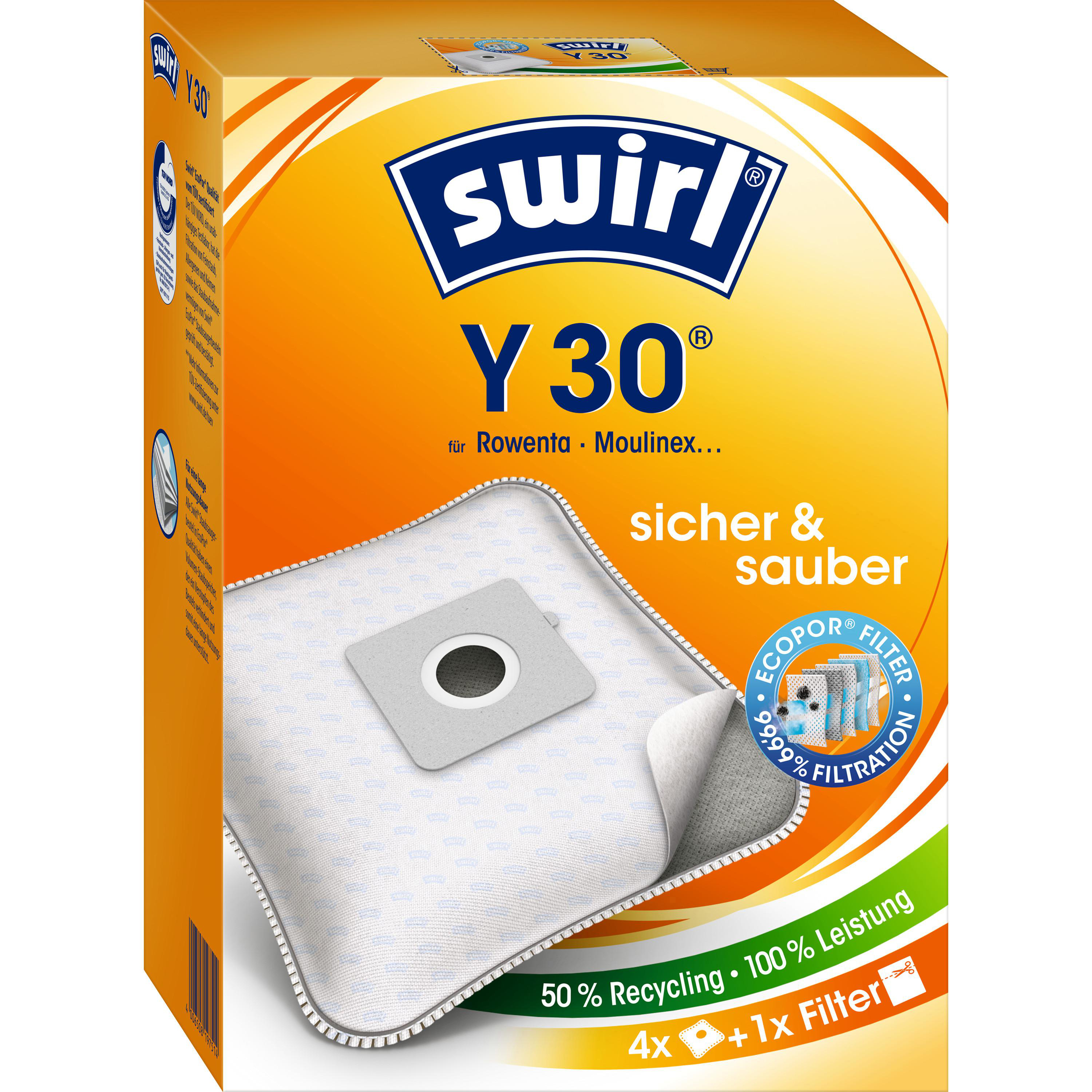 Karton mit Swirl Y 30 Staubsaugerbeuteln. Enthält Produktname, Beutelbild und Filtrationsdetails.