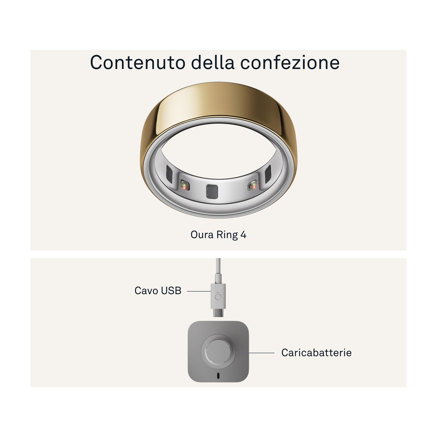 L'immagine mostra un Oura Ring 4 dorato, un cavo USB e un caricatore. L'anello è in alto, il caricatore in basso.