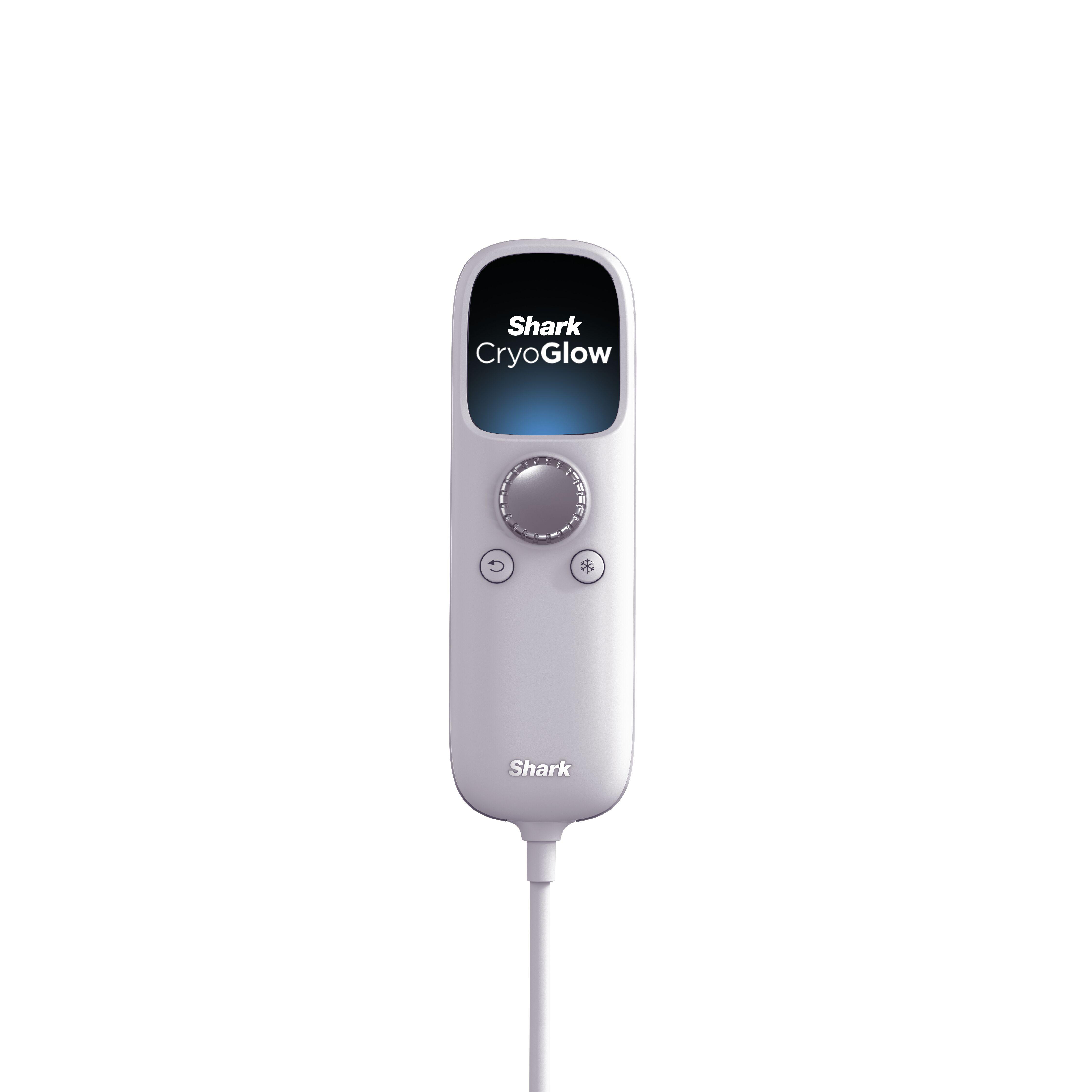 Ein weißes Shark CryoGlow-Gerät. Es hat einen Bildschirm, ein Rad und Knöpfe. Ein langes weißes Kabel ist befestigt.
